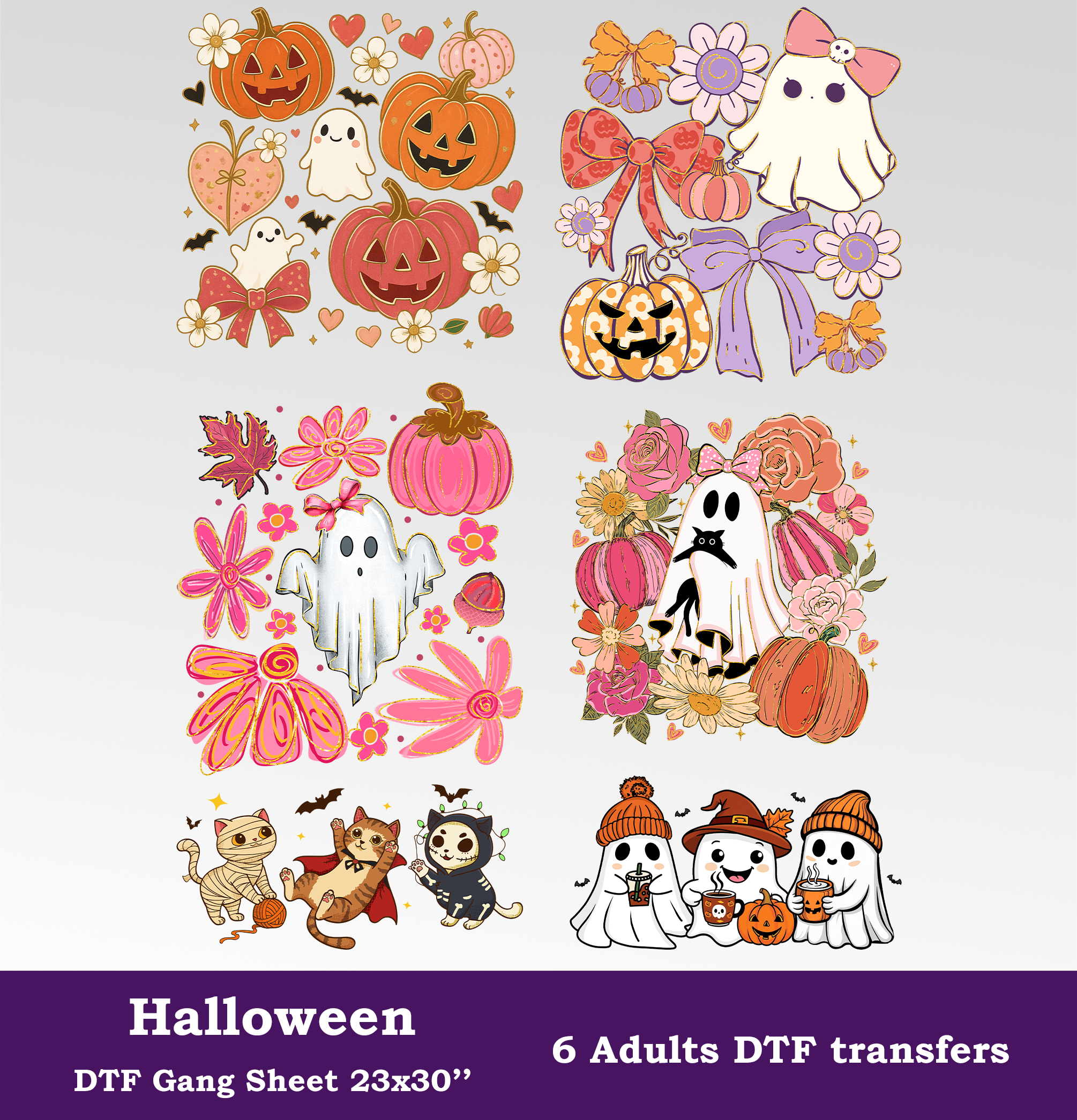Halloween DTF Gang Sheet, 23x30 in. 6 Cute Ready to Press Heat transfers