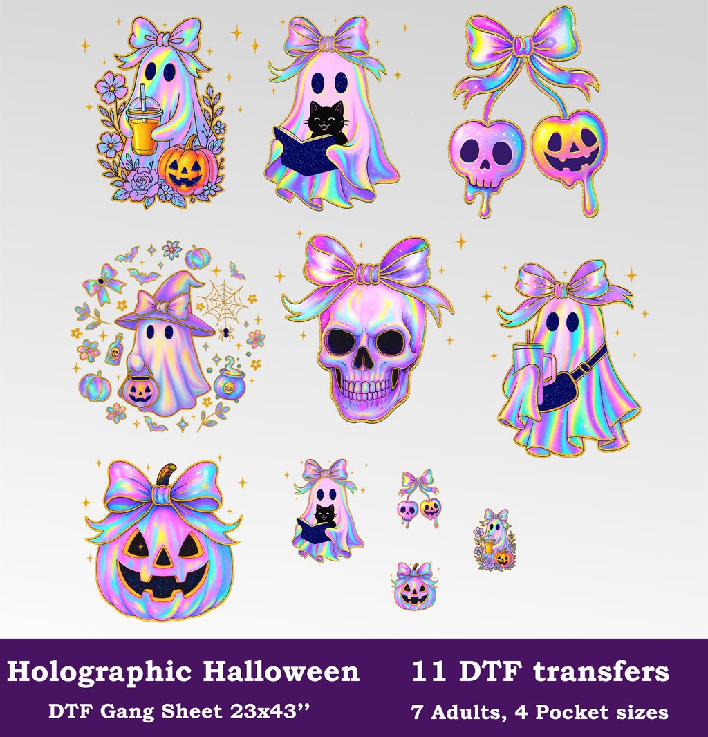 Holographic Halloween DTF Gang Sheet, 23x43 in. Ready-to-press Heat transfers