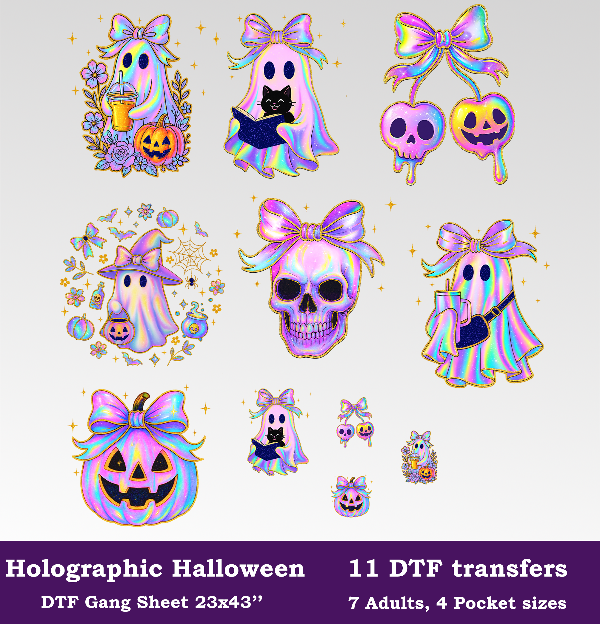 Holographic Halloween DTF Gang Sheet, 23x43 in. Ready-to-press Heat transfers