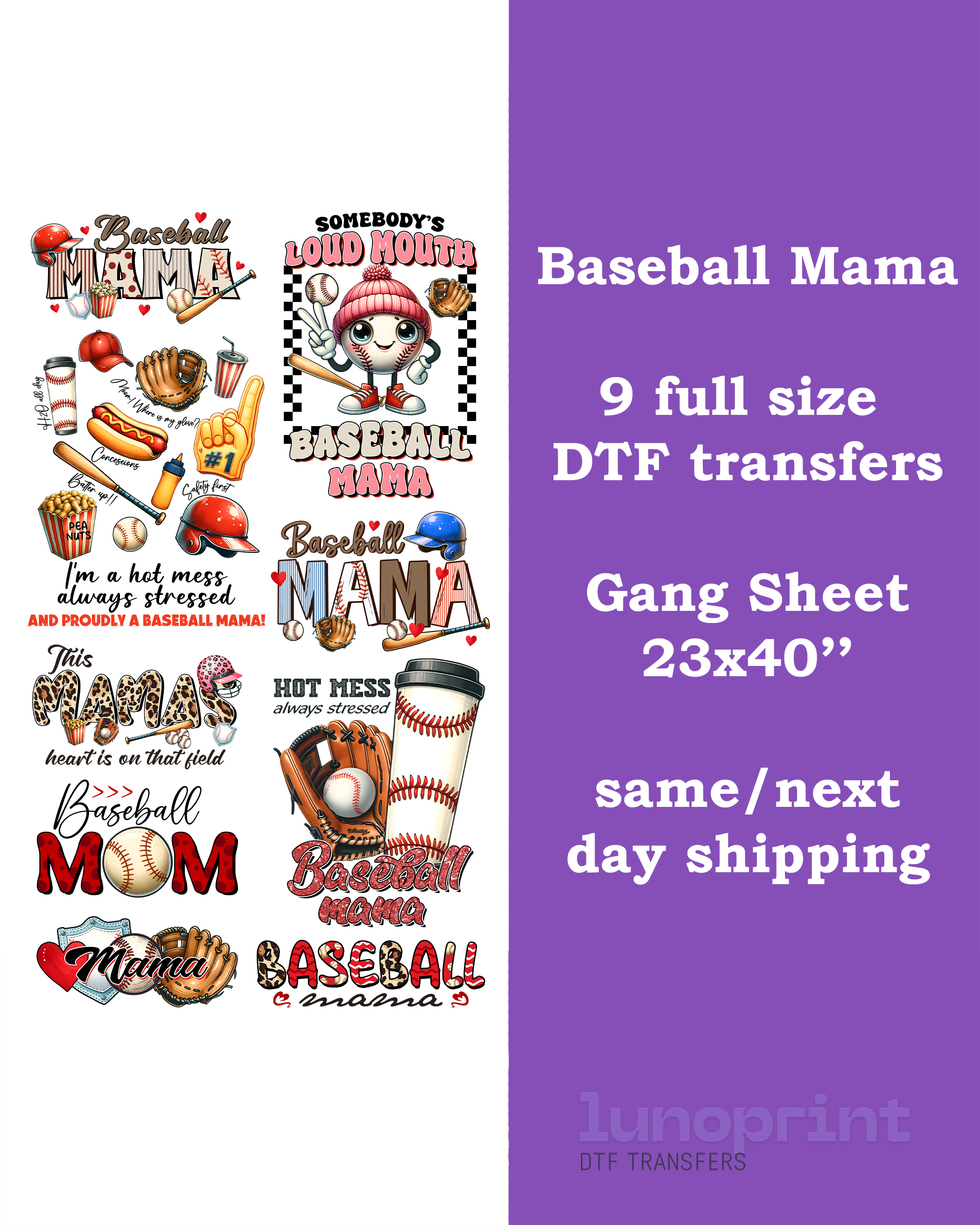 Baseball Mama DTF Gang Sheet
