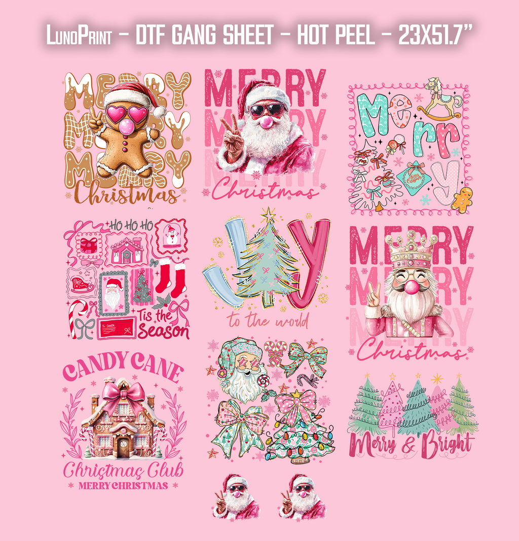 Pink Christmas DTF Gang Sheet 23x51.7 in. Ready-to-press Heat transfers