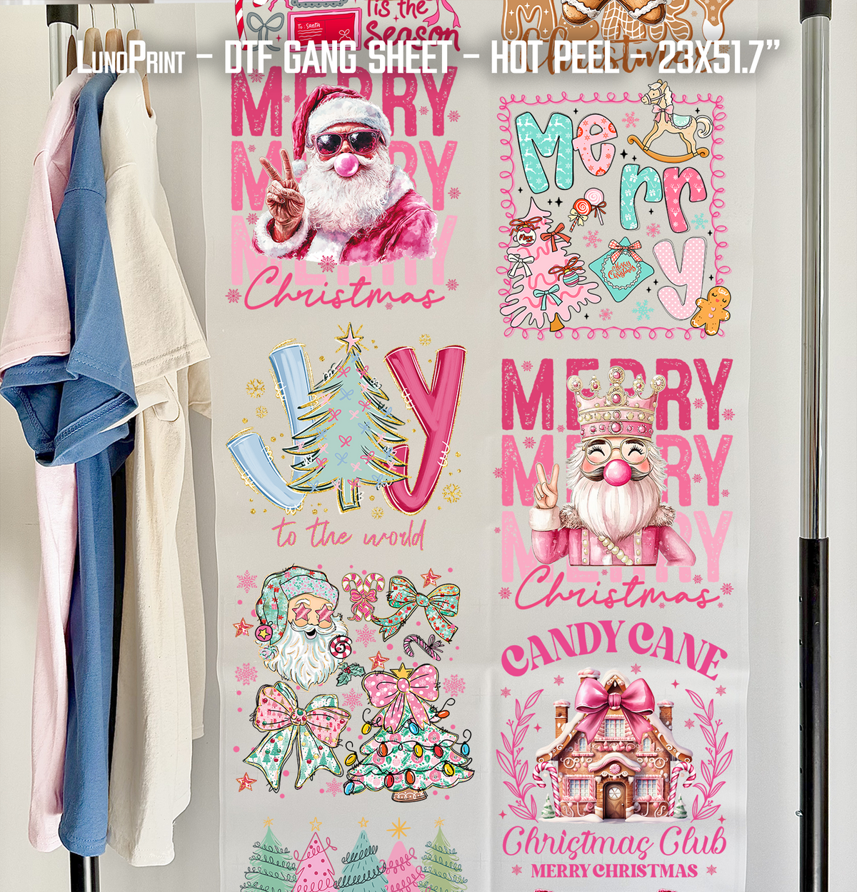 Pink Christmas DTF Gang Sheet 23x51.7 in. Ready-to-press Heat transfers