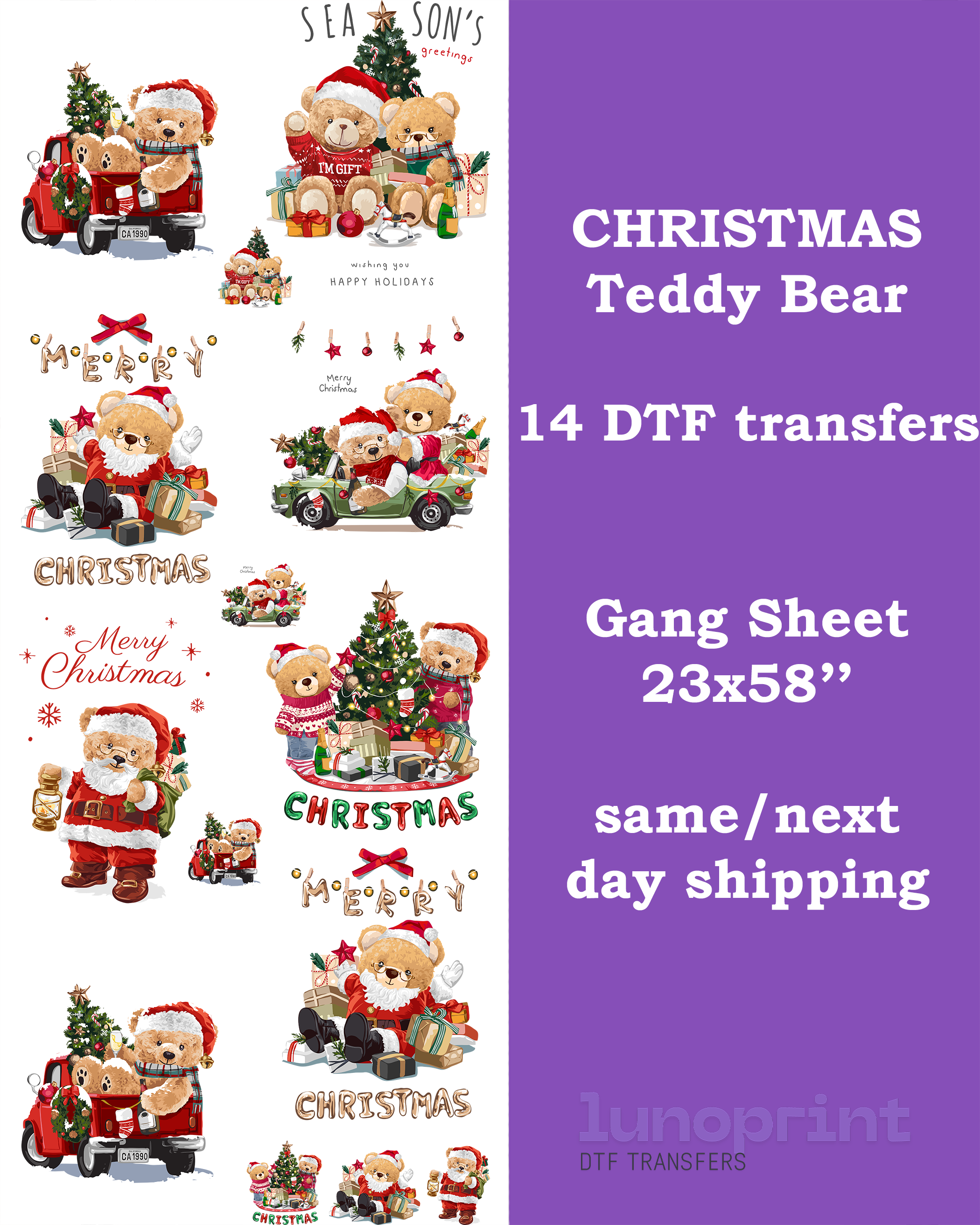 Christmas Teddy Bear DTF Gang Sheet