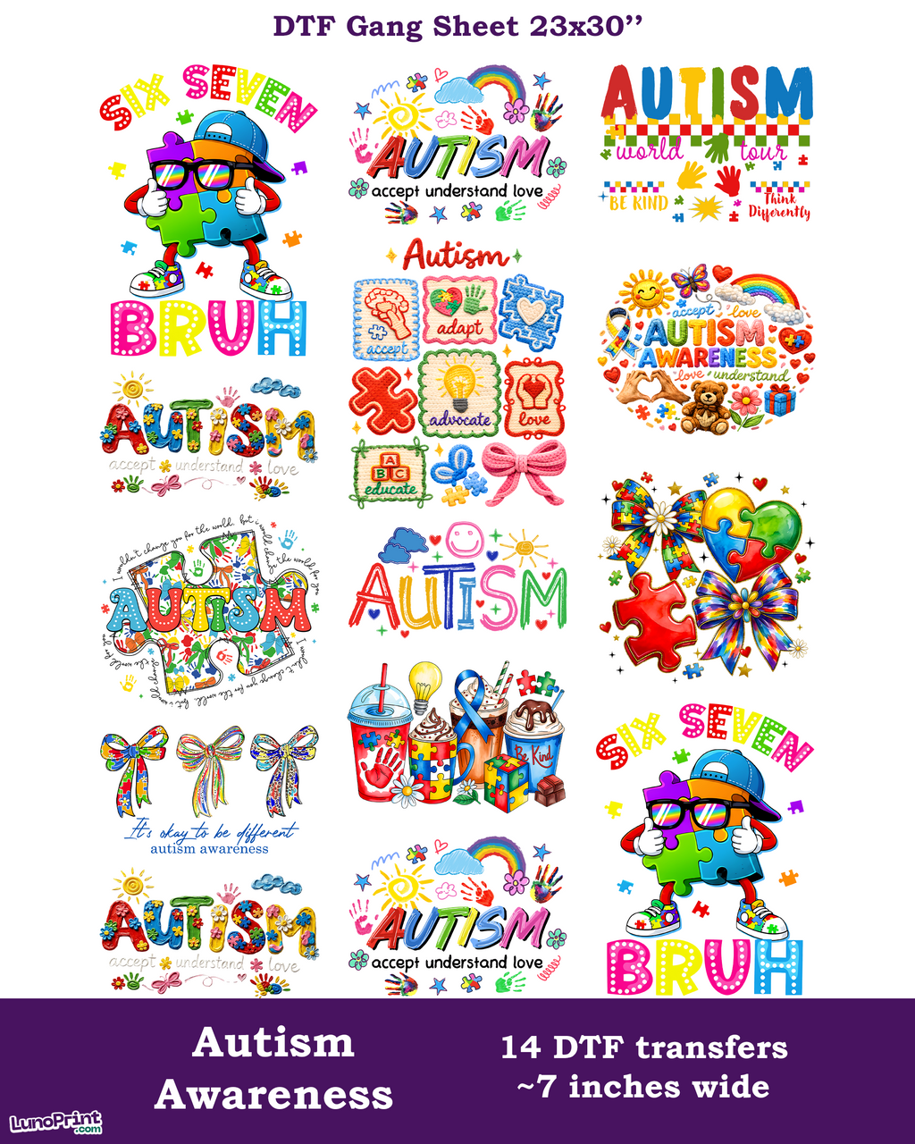 Autism Awareness DTF Gang Sheet for Kids