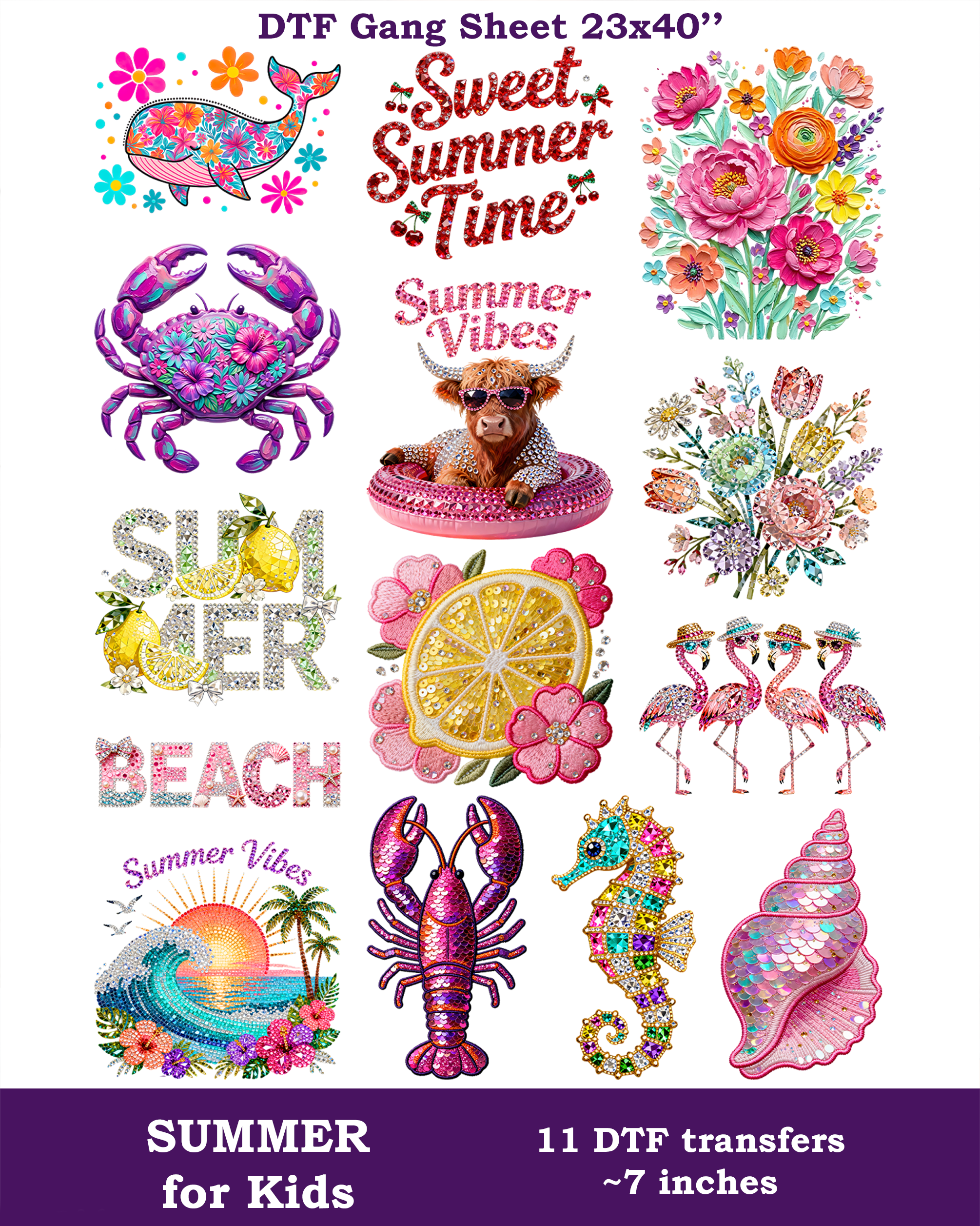 Faux Rhinestone Summer DTF Gang Sheet for KIDS