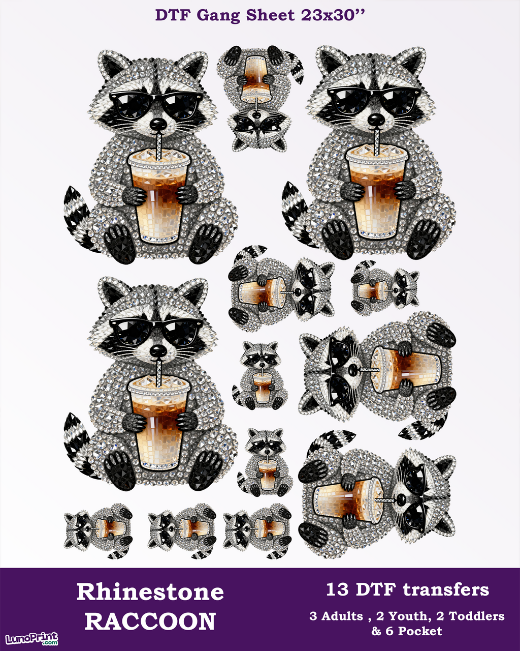 Faux Rhinestone Summer Raccoon DTF Gang Sheet