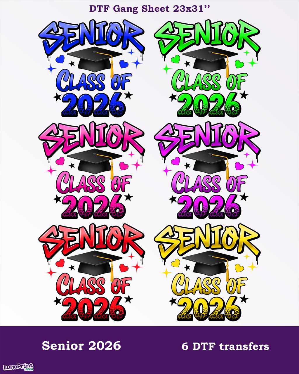 Senior 2026 DTF Gang Sheet. Ready To Press Heat Transfers