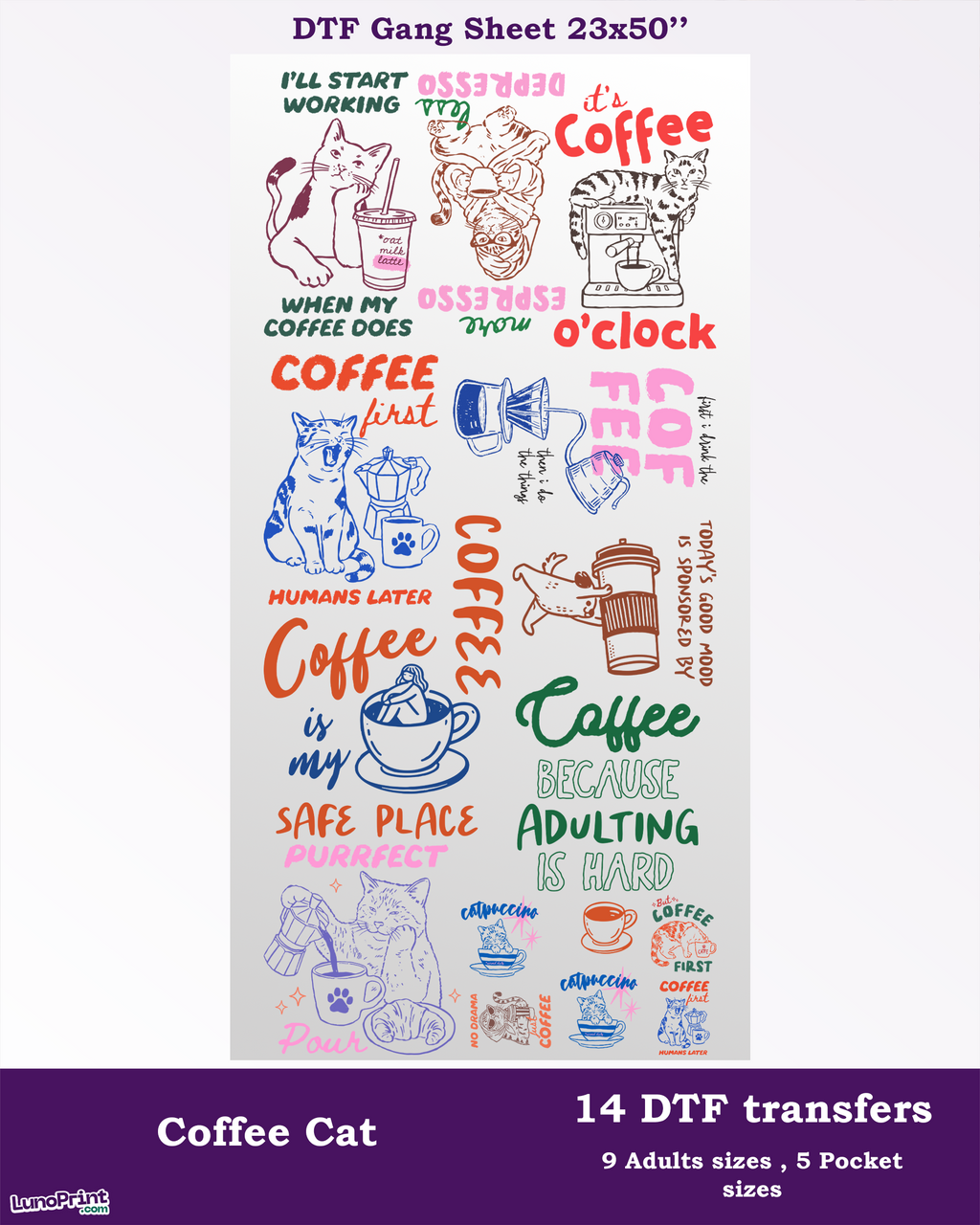 Coffee Cat DTF Gang Sheet, Funny Cat&Coffee Lovers Heat transfers