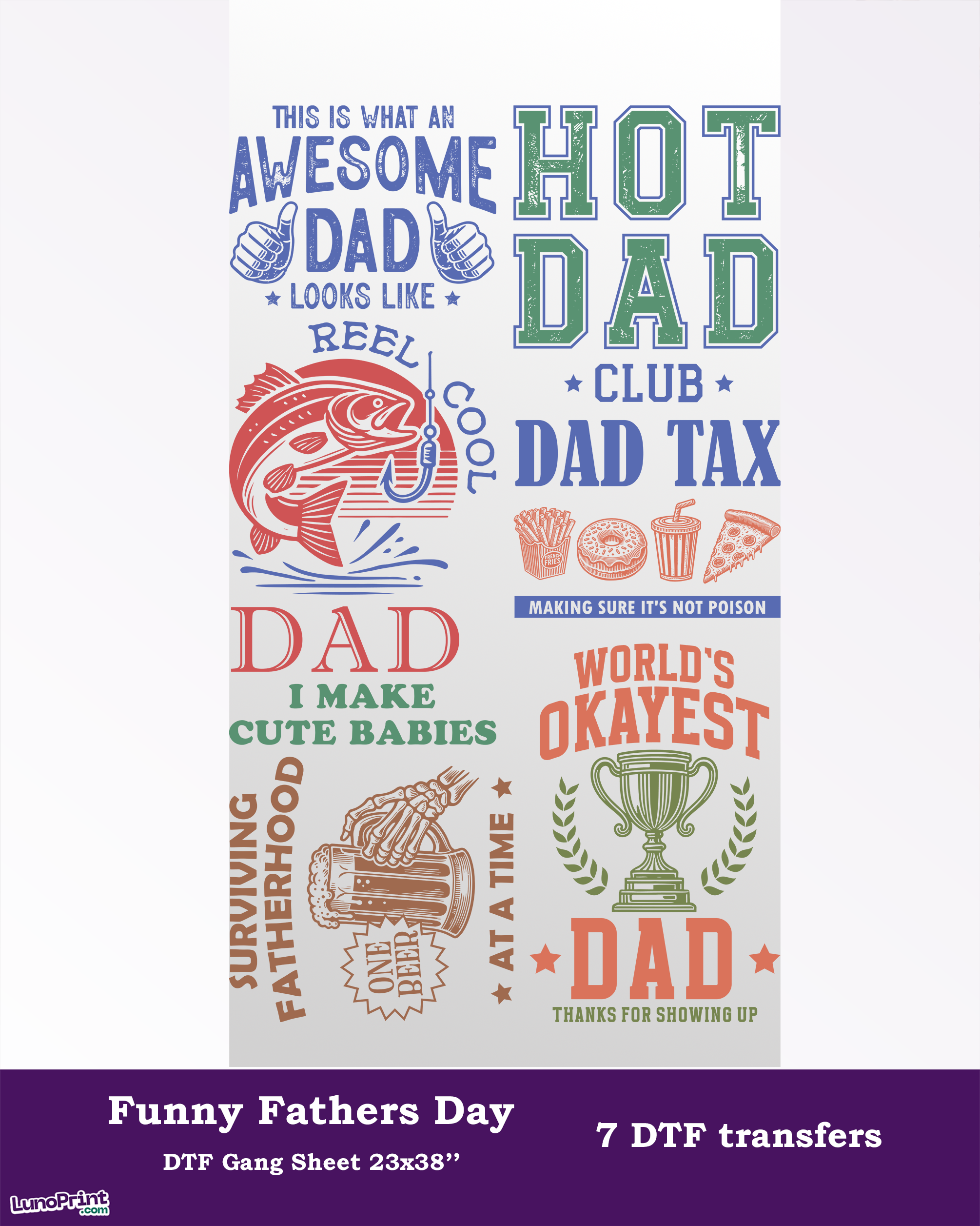 Funny Fathers Day DTF Gang Sheet, 23x38 in. Dad Heat transfers