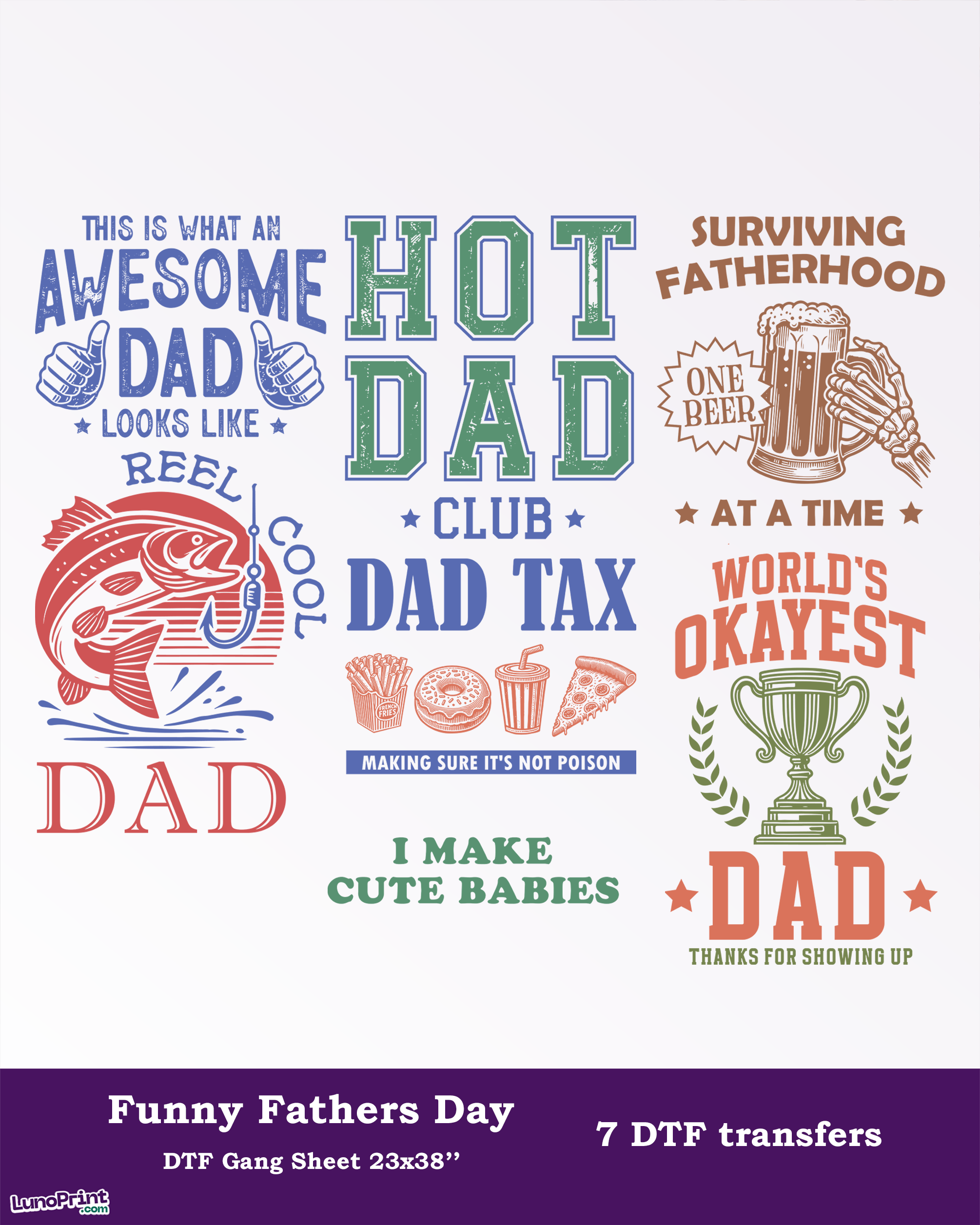 Funny Fathers Day DTF Gang Sheet, 23x38 in. Dad Heat transfers