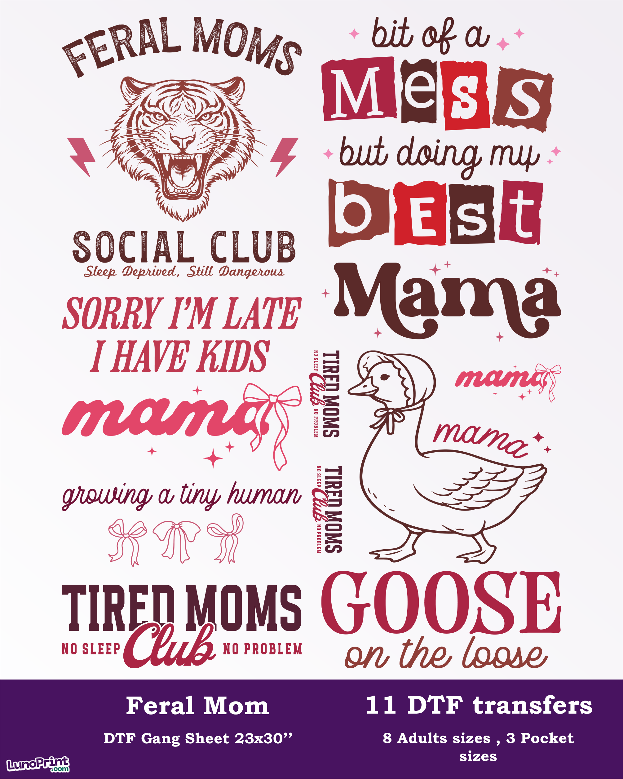 Feral Mama DTF Gang Sheet, 23x30 in. Mother's Day Heat transfers