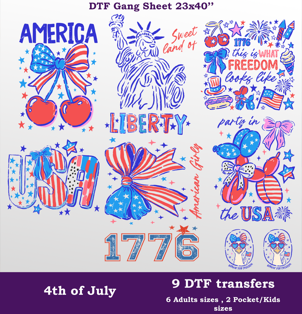 4th of July DTF Gang Sheet, 23x40 in. USA Heat transfers