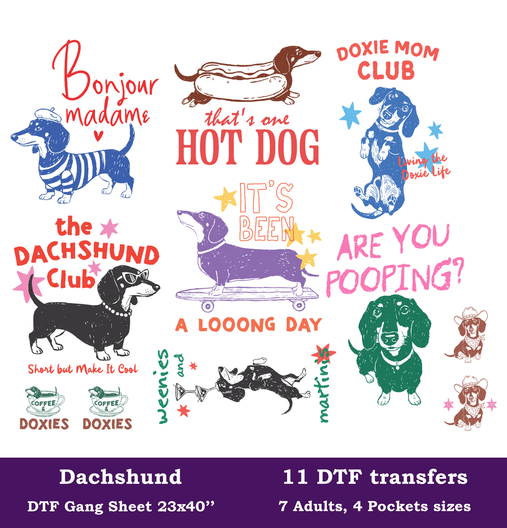 Dachshund DTF Gang Sheet, 23x40 in. Heat transfers