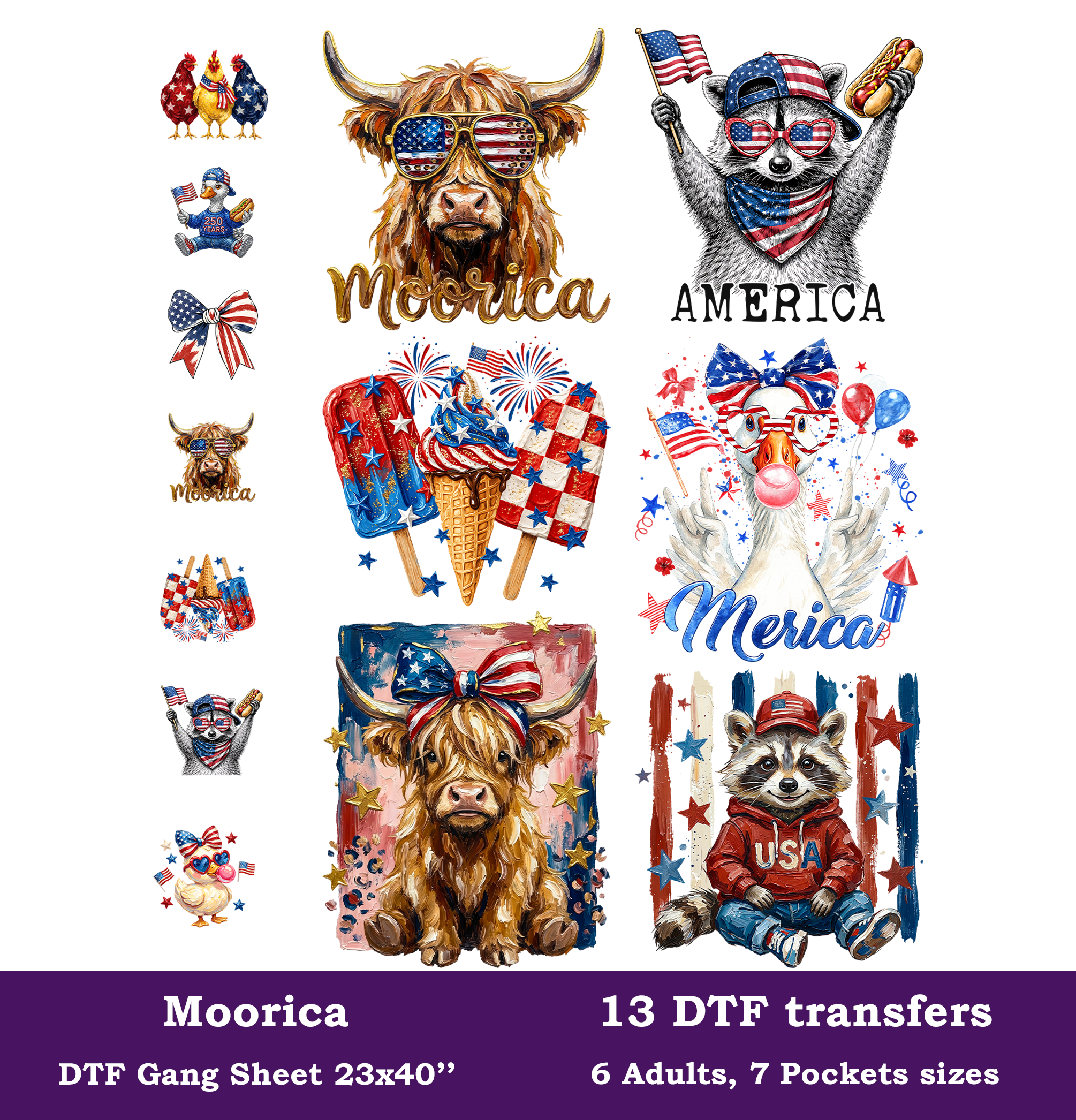 Moorica DTF Gang Sheet, 23x40 in. USA Heat transfers for 4th of July