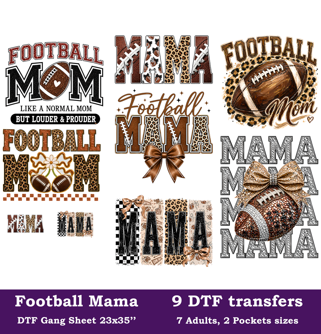 Football Mama DTF Gang Sheet, 23x35 in. Heat transfers