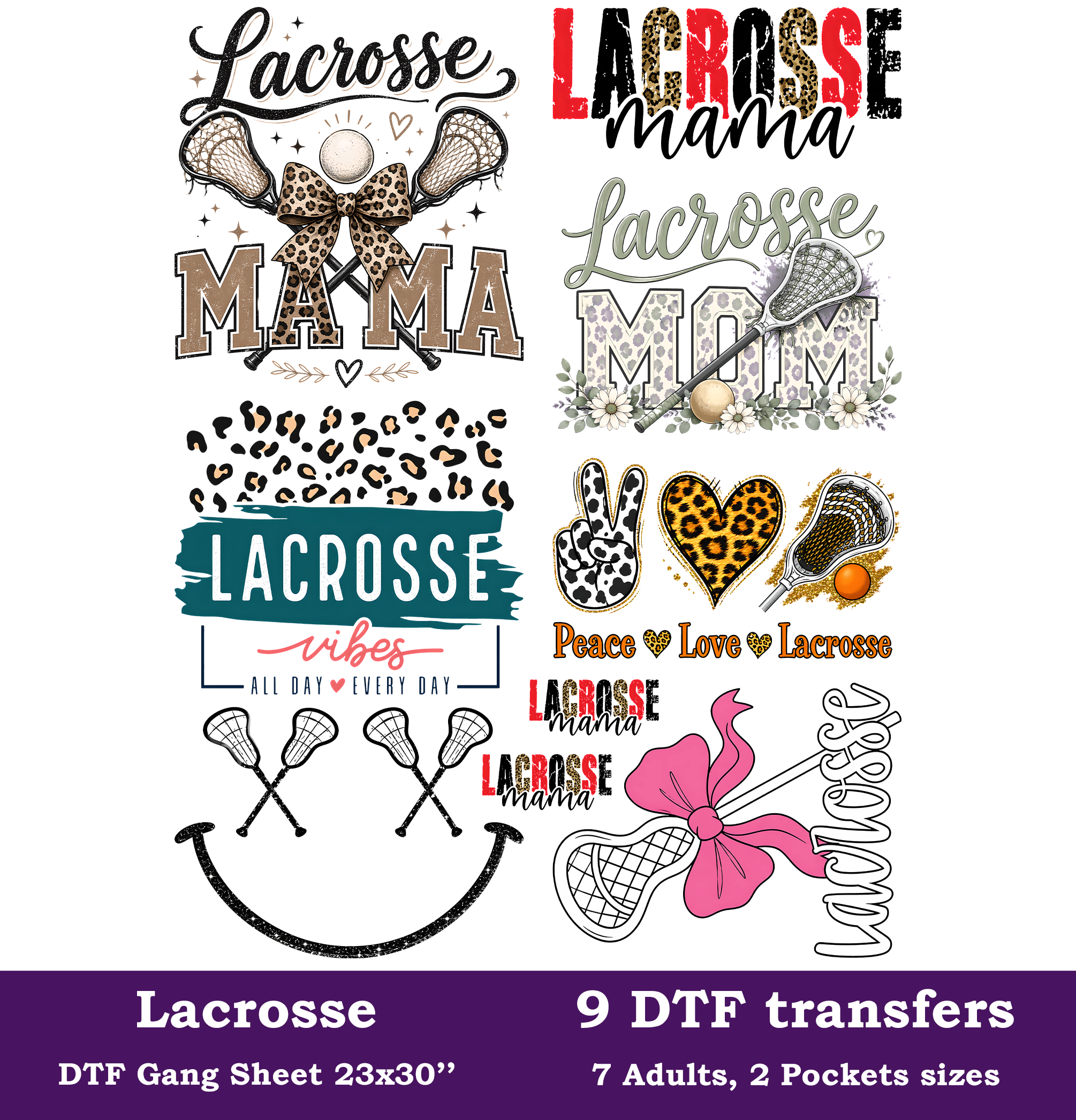 Lacrosse DTF Gang Sheet, 23x30 in.  Lacrosse Mama Heat transfers