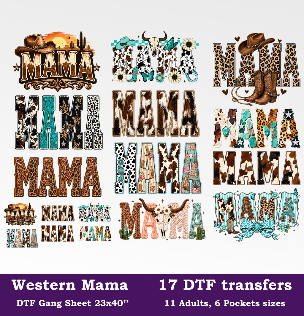 Western Mama DTF Gang Sheet, 23x40 in.  Western Mama Heat transfers
