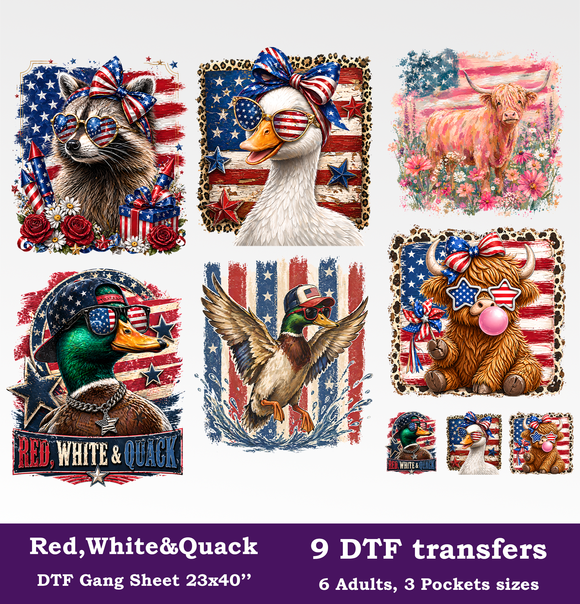 USA DTF Gang Sheet, 23x40 in. USA Heat transfers for 4th of July