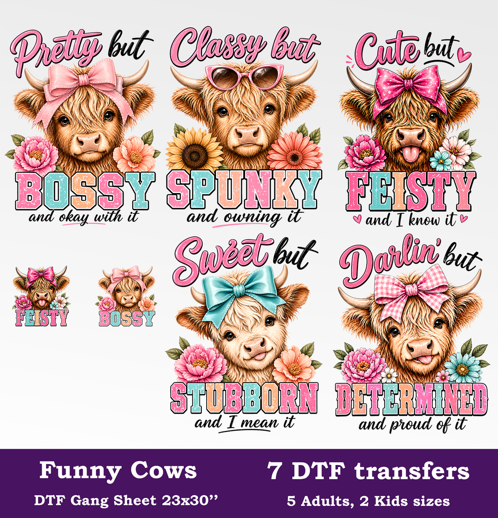 Funny Cow DTF Gang Sheet, 23x30 in. Highland Cow Heat transfers