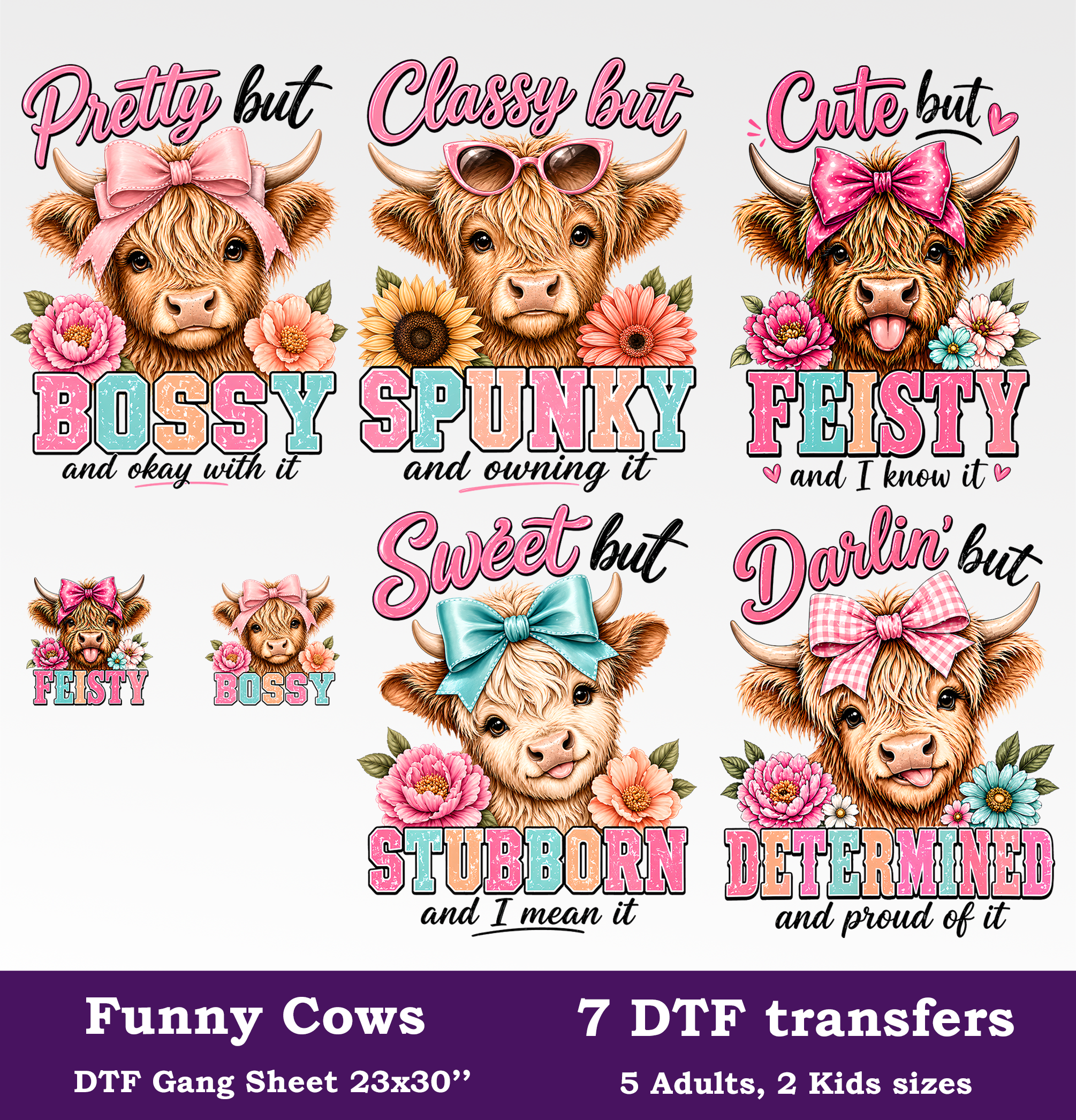 Funny Cow DTF Gang Sheet, 23x30 in. Highland Cow Heat transfers