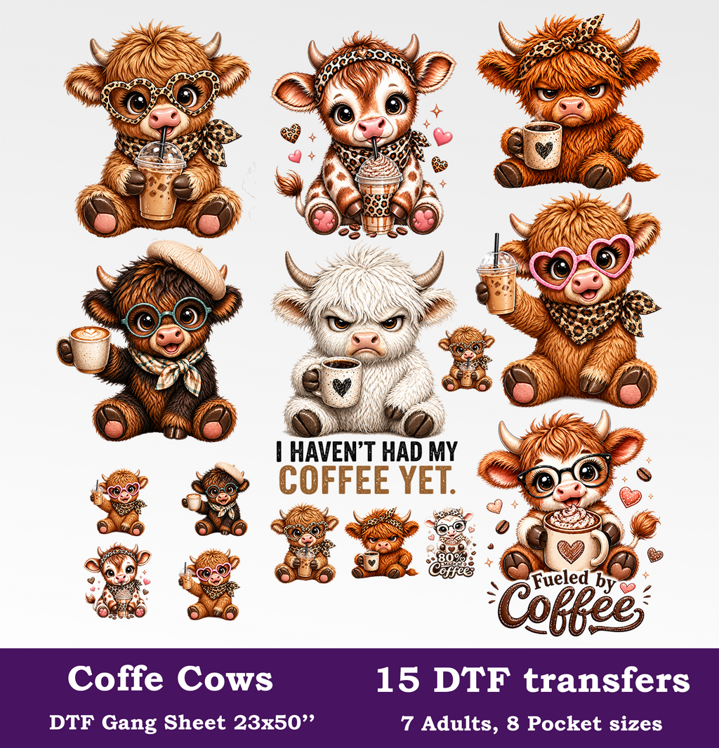 Coffee Cows DTF Gang Sheet, 23x50 in. Heat transfers