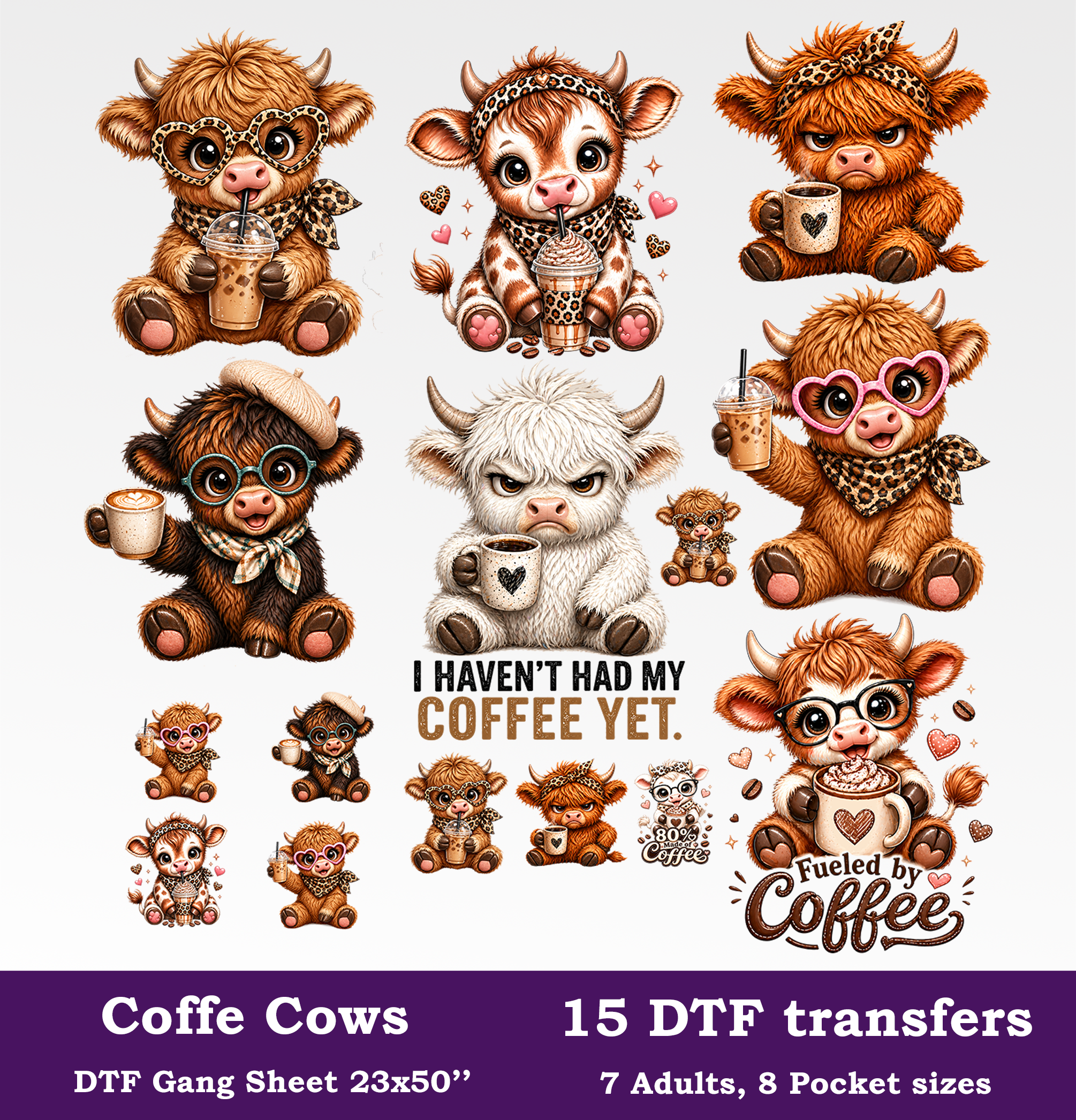 Coffee Cows DTF Gang Sheet, 23x50 in. Heat transfers