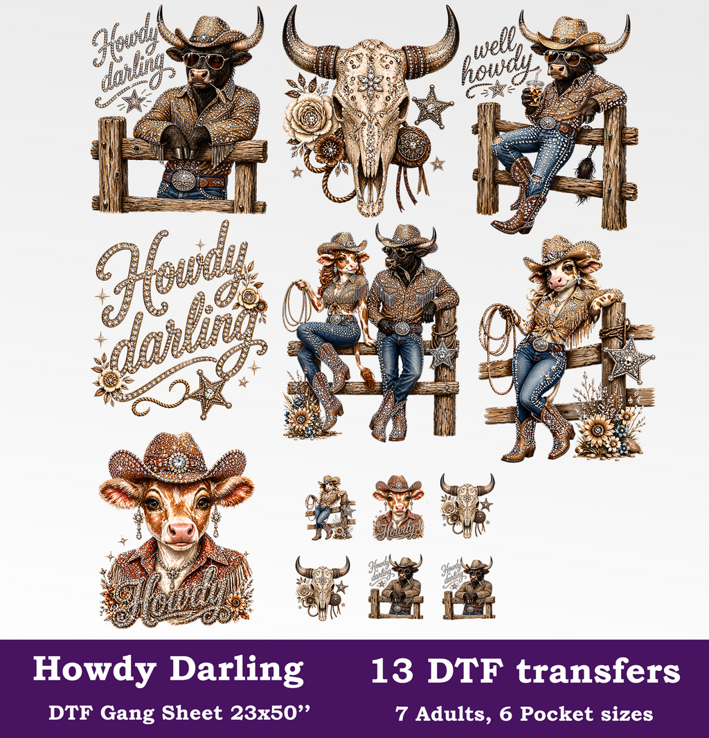 Howdy Darling DTF Gang Sheet, 23x50 in. Western Heat transfers