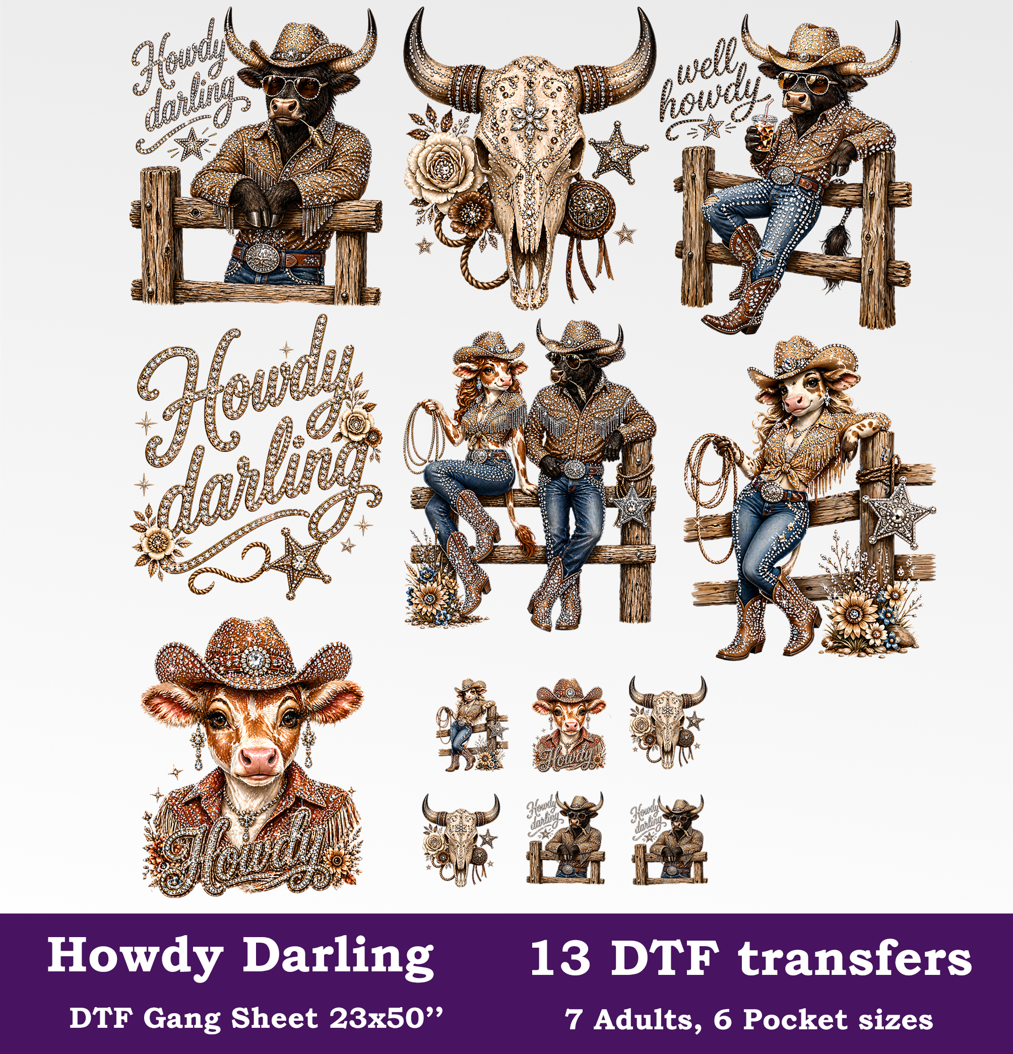 Howdy Darling DTF Gang Sheet, 23x50 in. Western Heat transfers