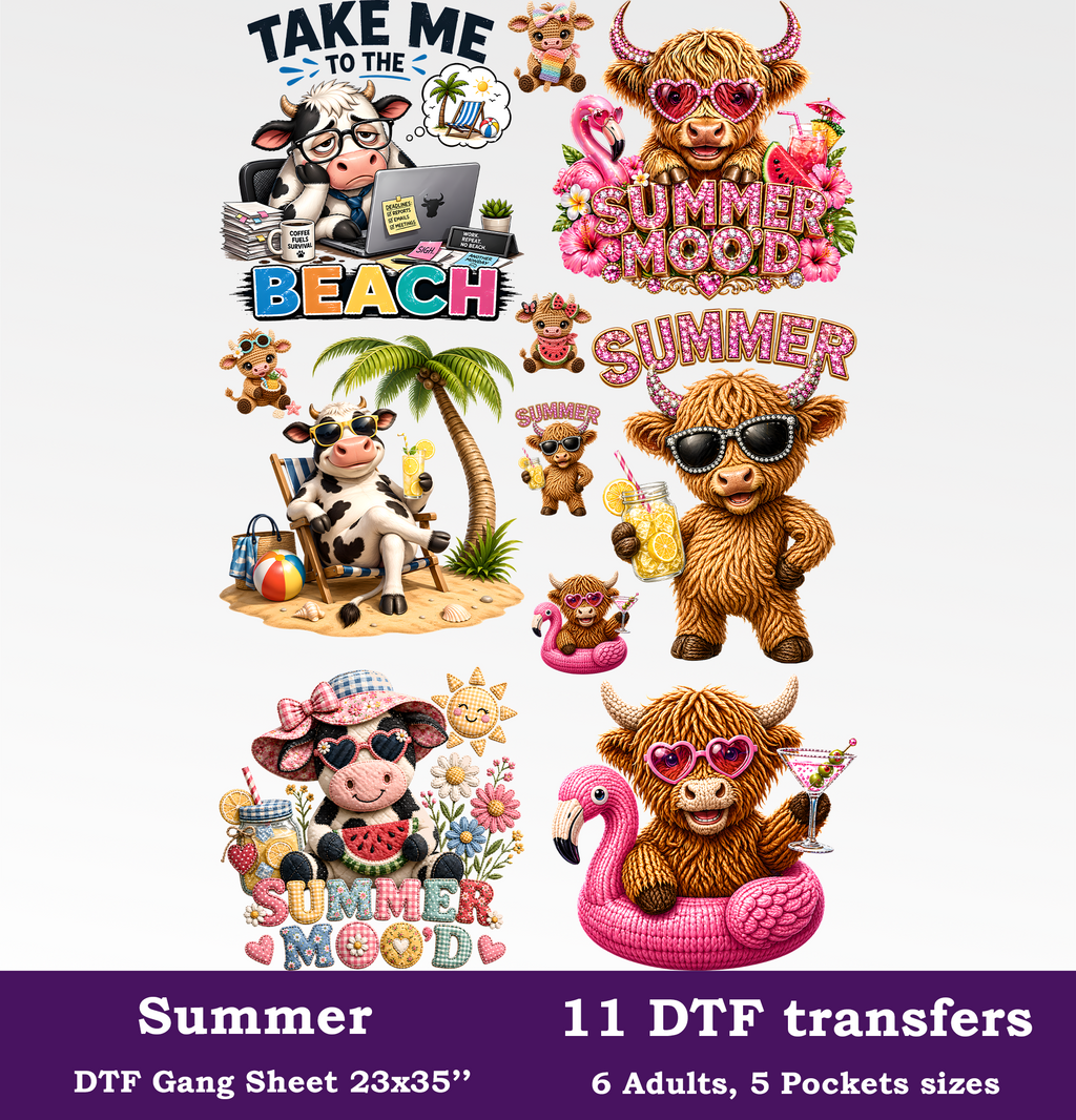 Summer Cows DTF Gang Sheet, 23x35 in. Heat transfers