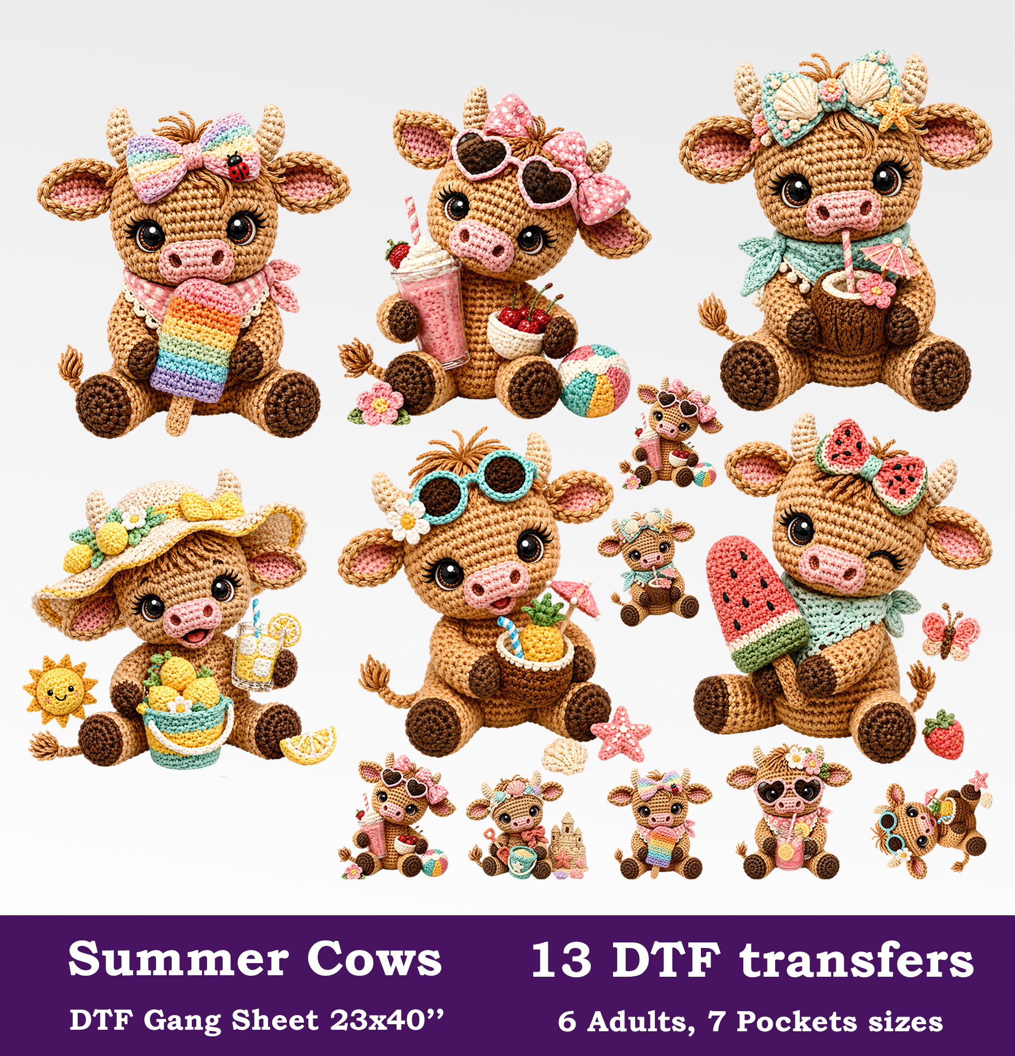 Summer Cows DTF Gang Sheet, 23x40 in. Cute Heat transfers