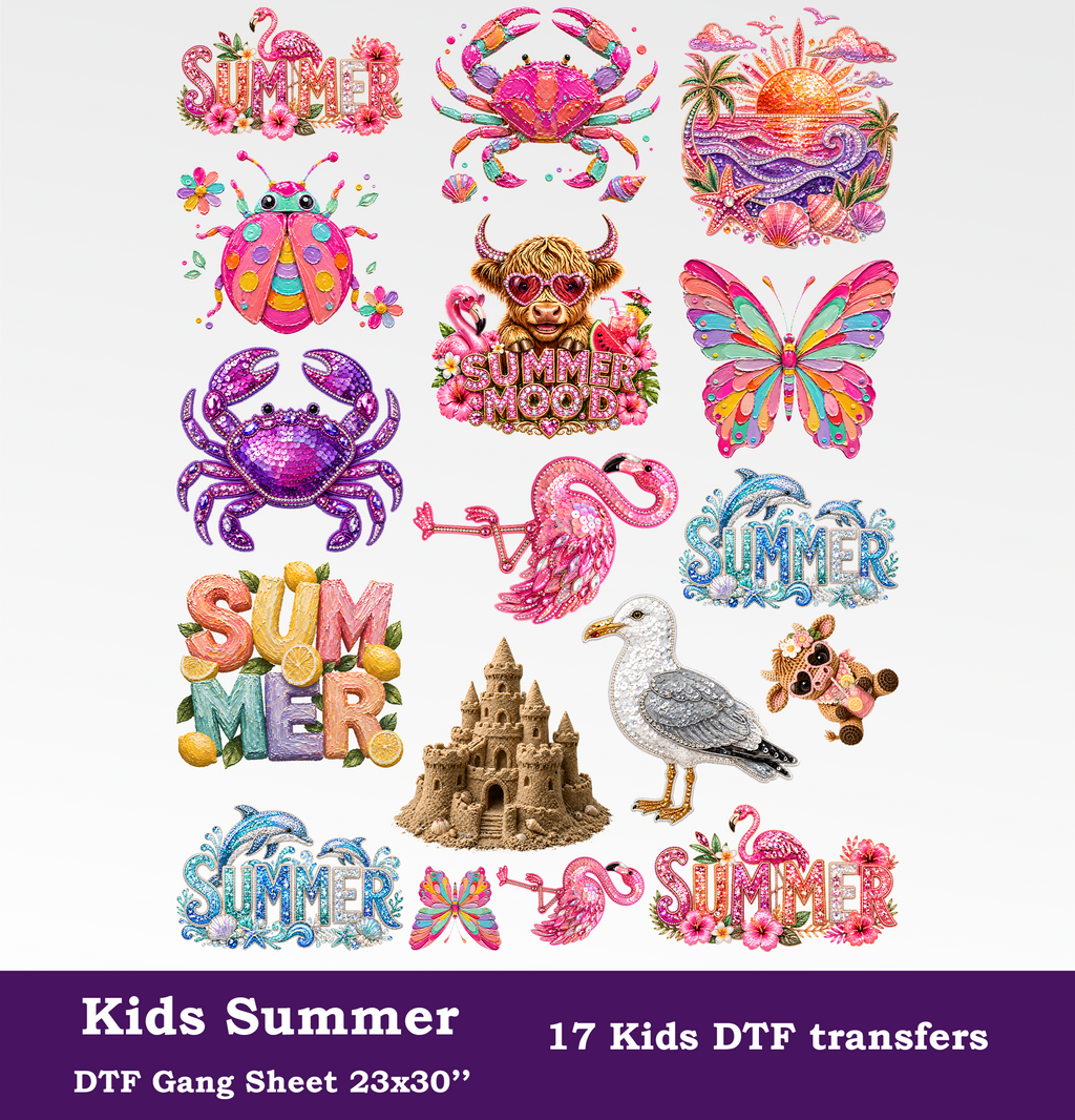 Summer DTF Gang Sheet for Kids, 23x30 in. Cute Heat transfers
