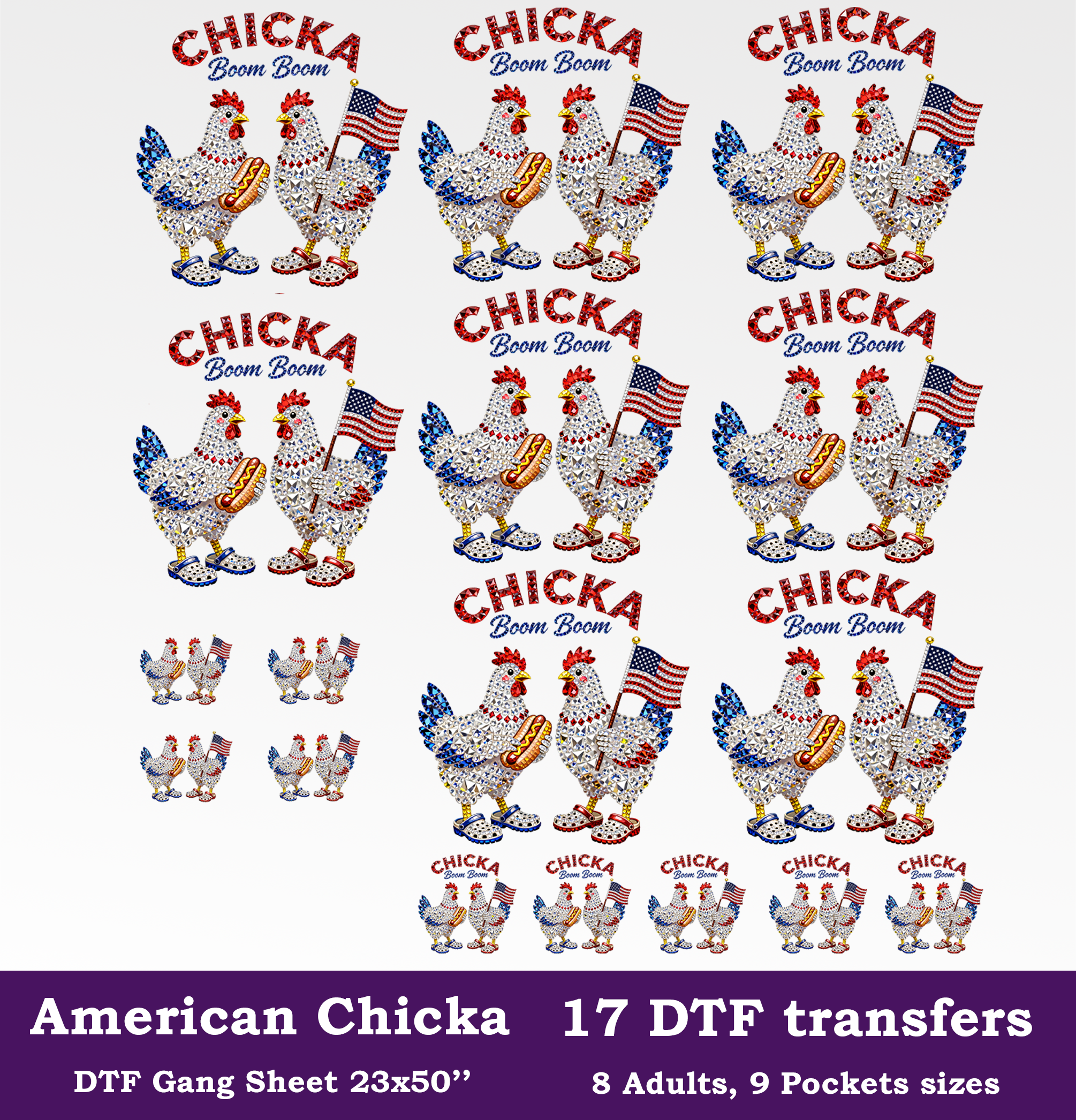 American Chicka Boom Boom DTF Gang Sheet, 23x50 in. 4th of July Heat transfers