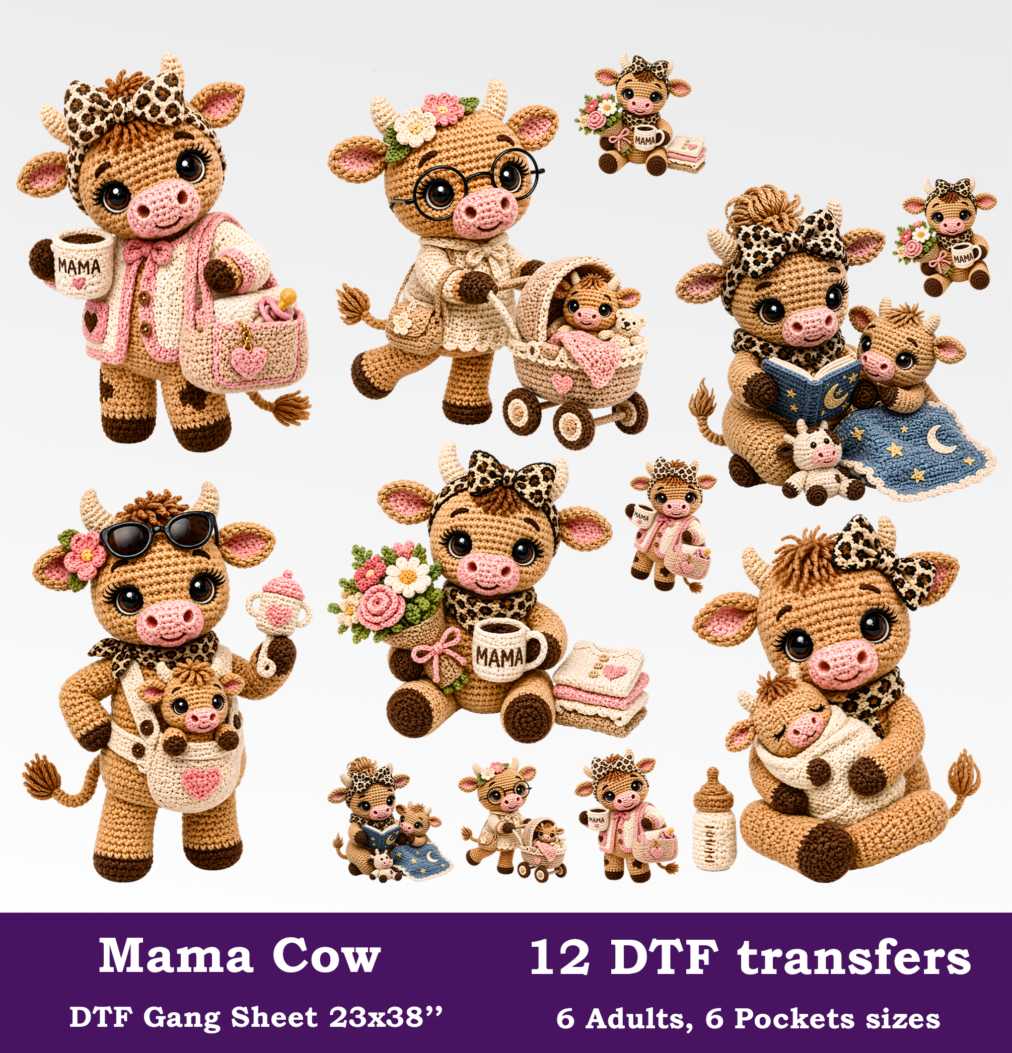 Mama Cows DTF Gang Sheet, 23x38 in. Mothers Day Heat transfers