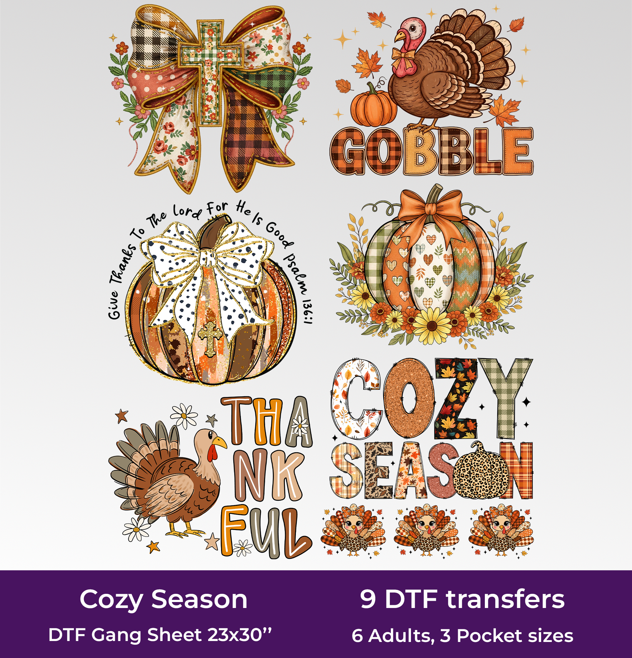 Thanksgiving DTF Gang Sheet, 23x30 in. 9 Ready to Press Heat transfers