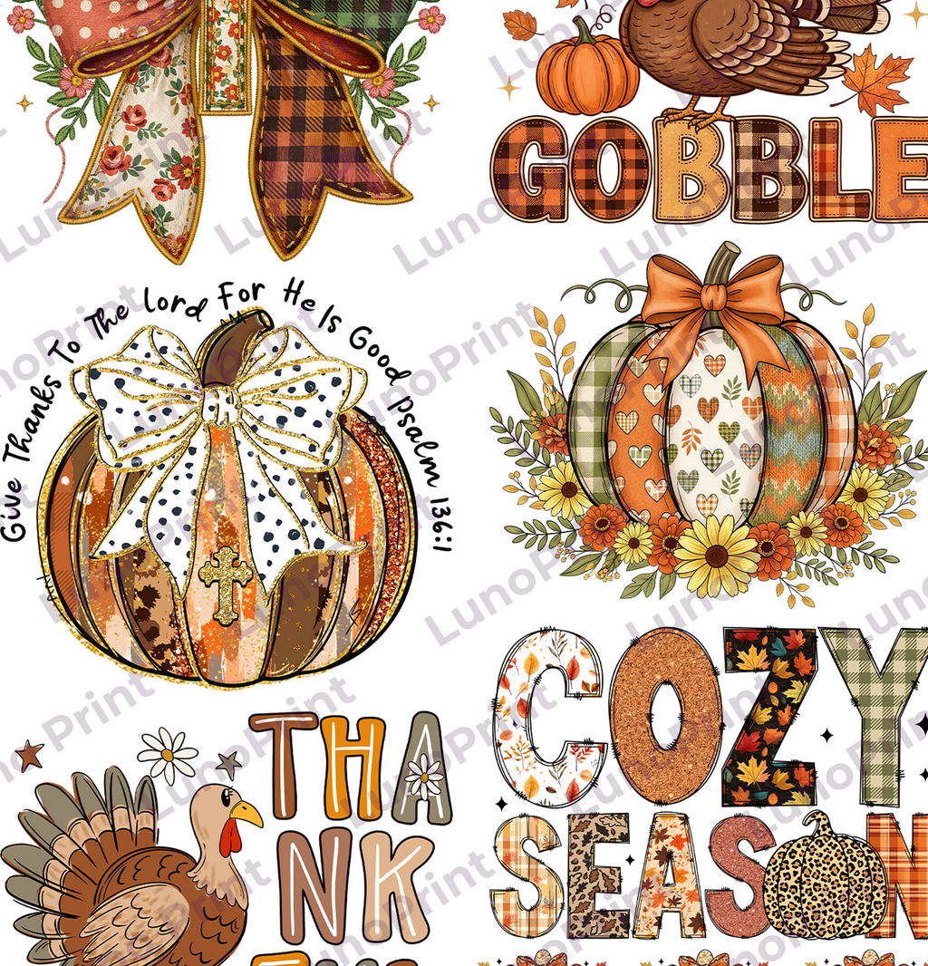 Thanksgiving DTF Gang Sheet, 23x30 in. 9 Ready to Press Heat transfers