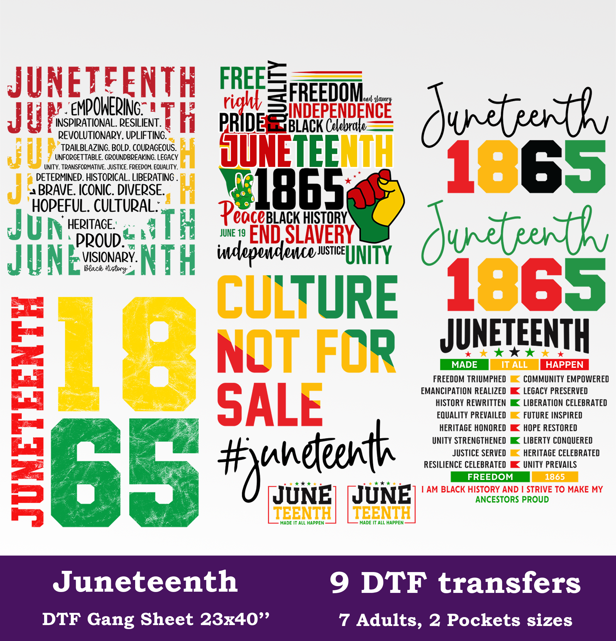 Juneteenth DTF Gang Sheet, 23x40 in. Ready-to-press Heat transfers
