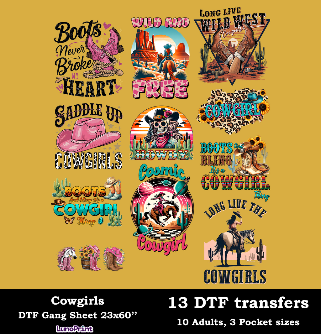 COWGIRL DTF Gang Sheet, 23x60 in. Western Heat transfers