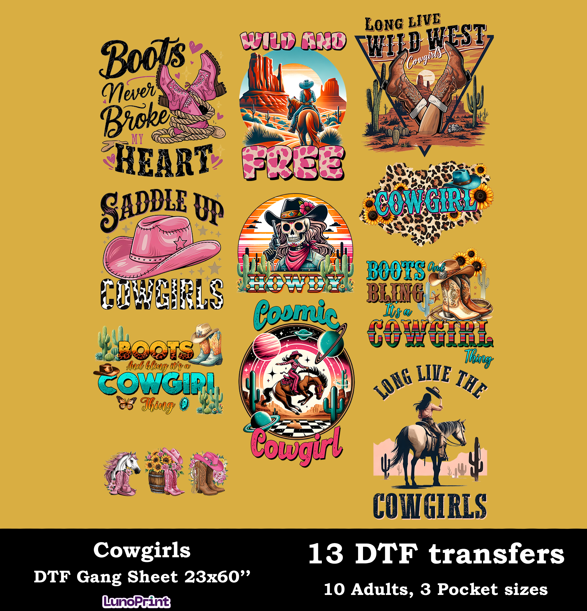 COWGIRL DTF Gang Sheet, 23x60 in. Western Heat transfers