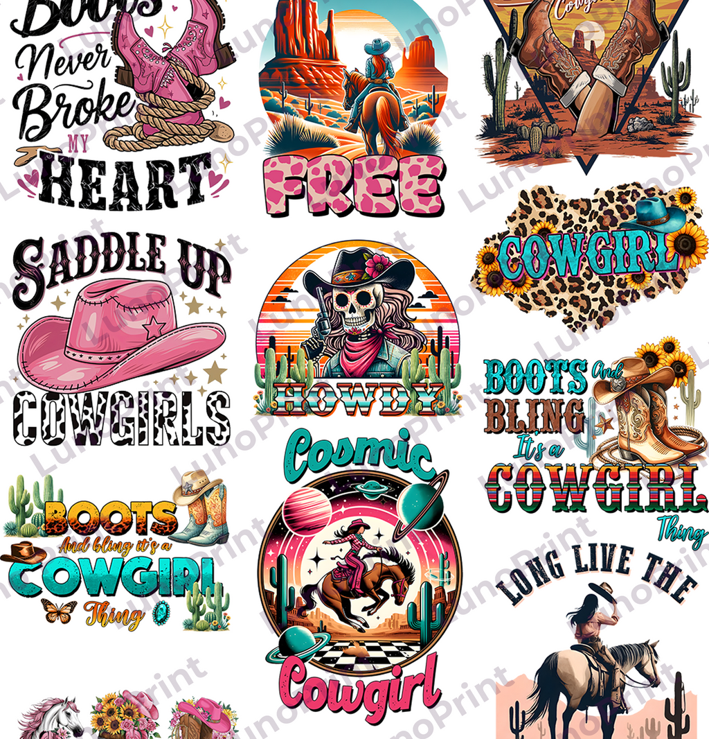 COWGIRL DTF Gang Sheet, 23x60 in. Western Heat transfers