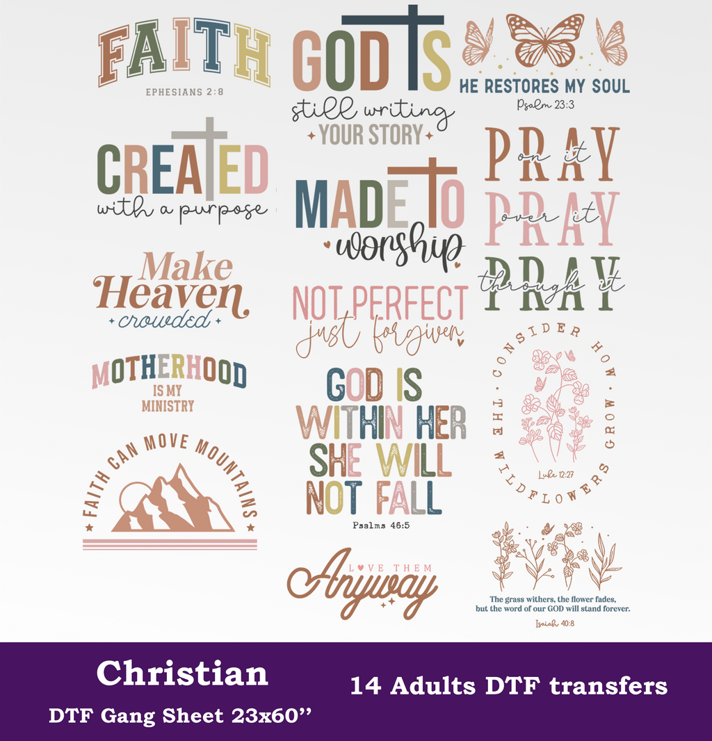 Christian DTF Gang Sheet, 23x60 in. Ready to Press Heat transfers