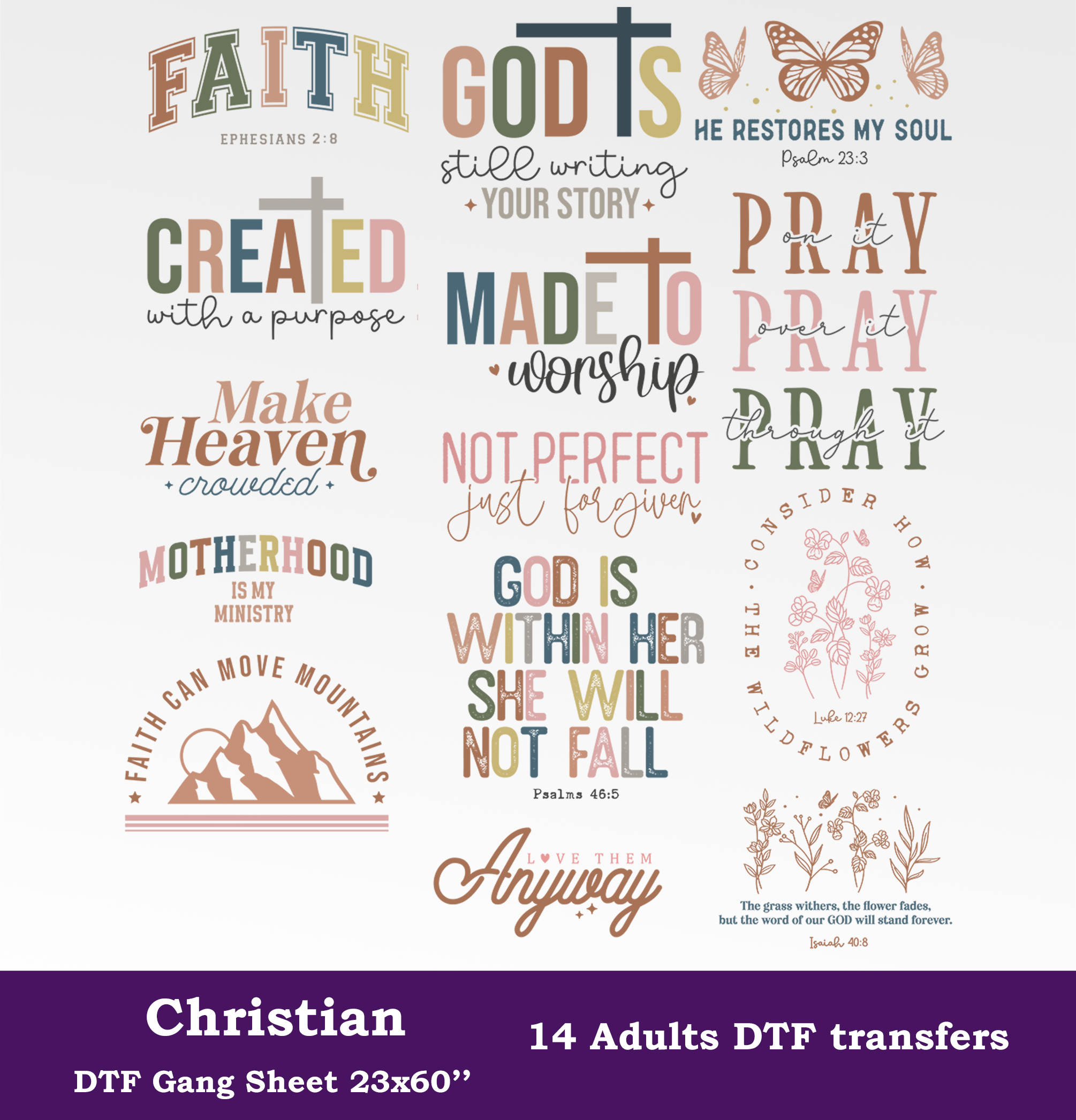 Christian DTF Gang Sheet, 23x60 in. Ready to Press Heat transfers