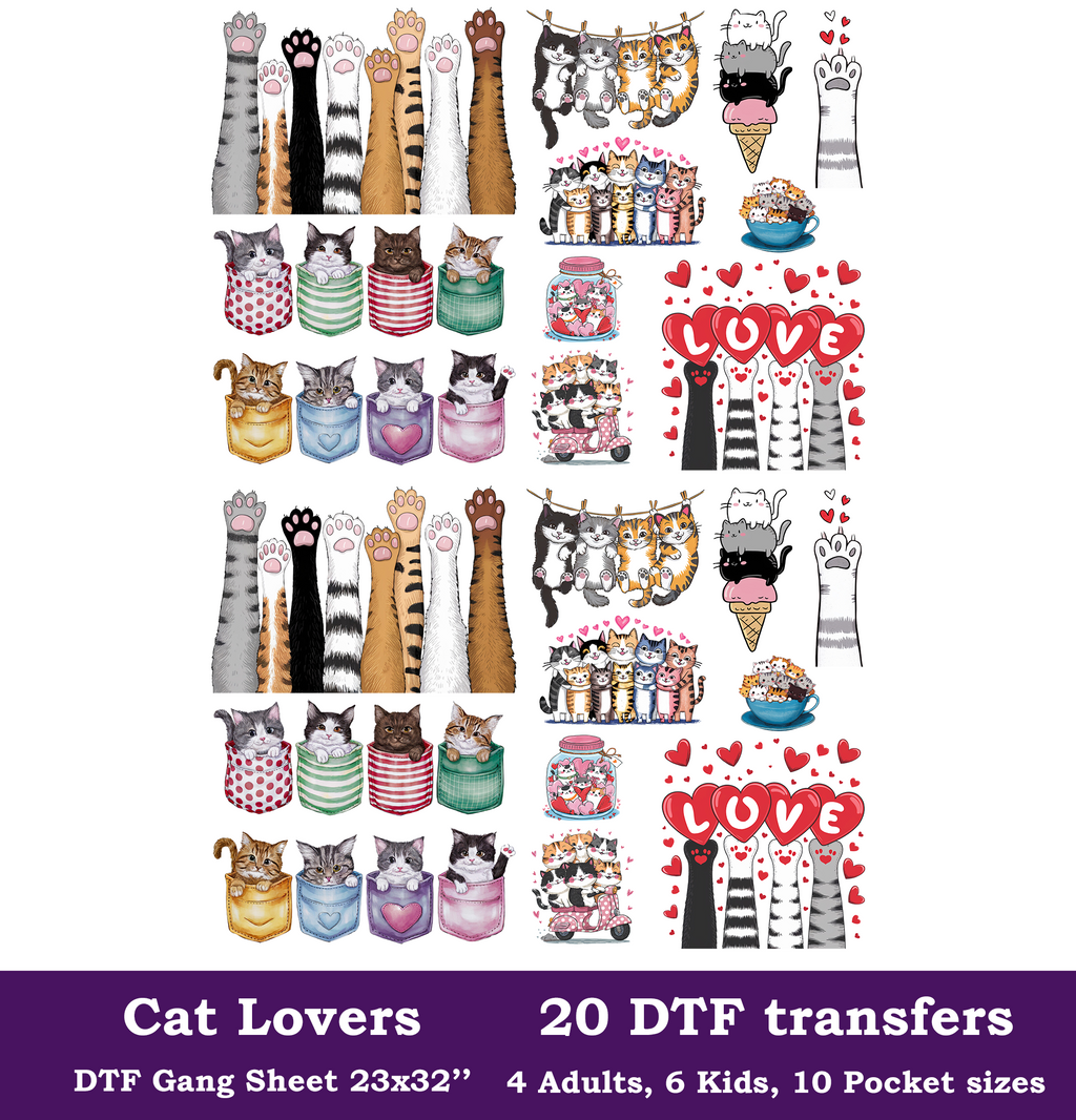 Cats Lover DTF Gang Sheet, 23x32 in. Ready to Press Heat transfers