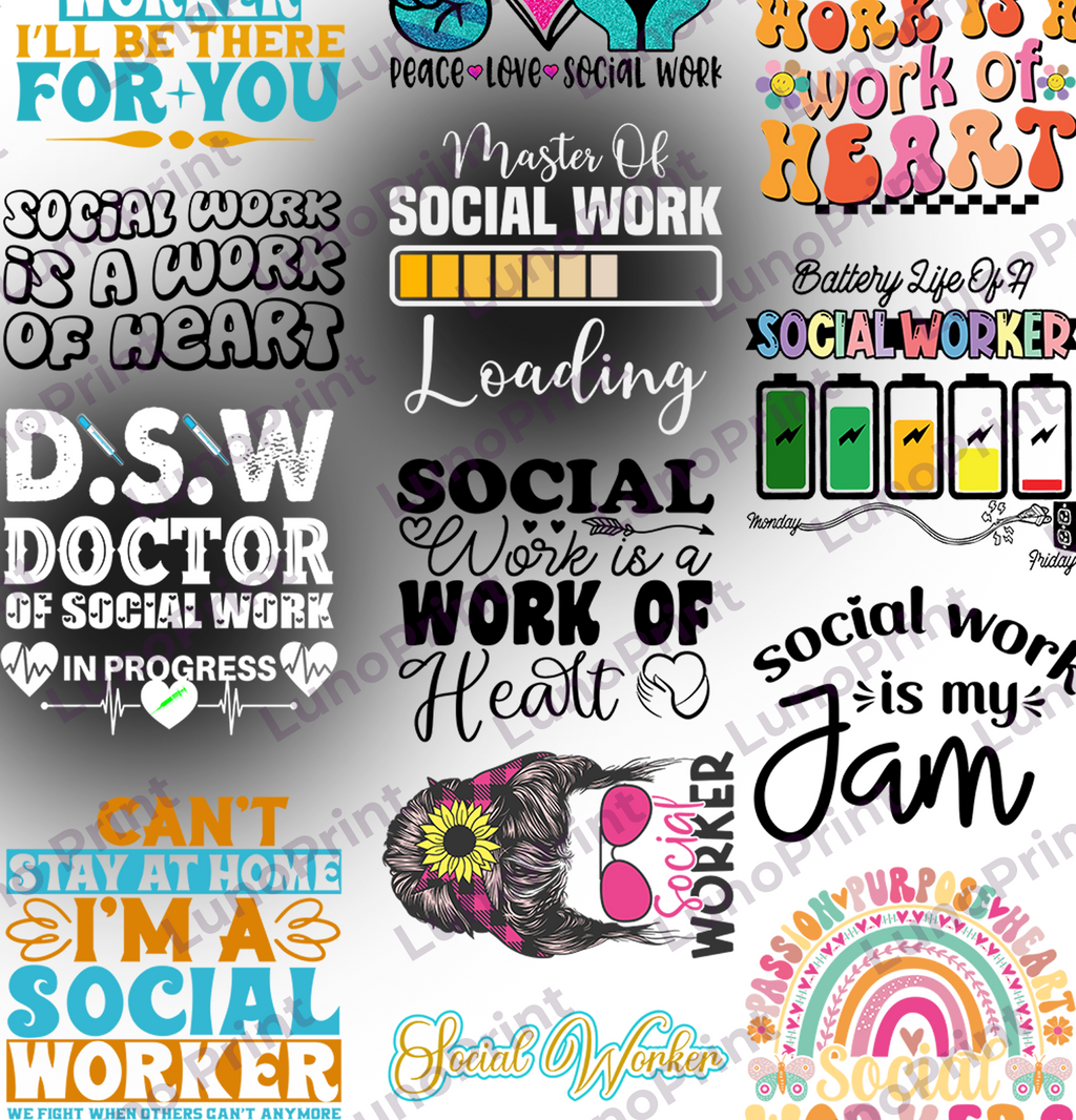 Social Worker DTF Gang Sheet, 23x60 in. Ready to Press Heat transfers