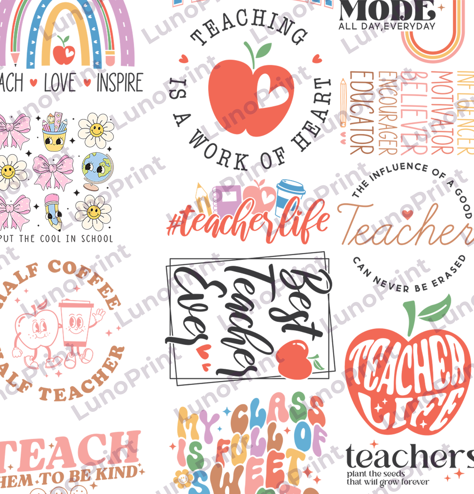 Teacher DTF Gang Sheet, 23x60 in. Ready to Press Heat transfers
