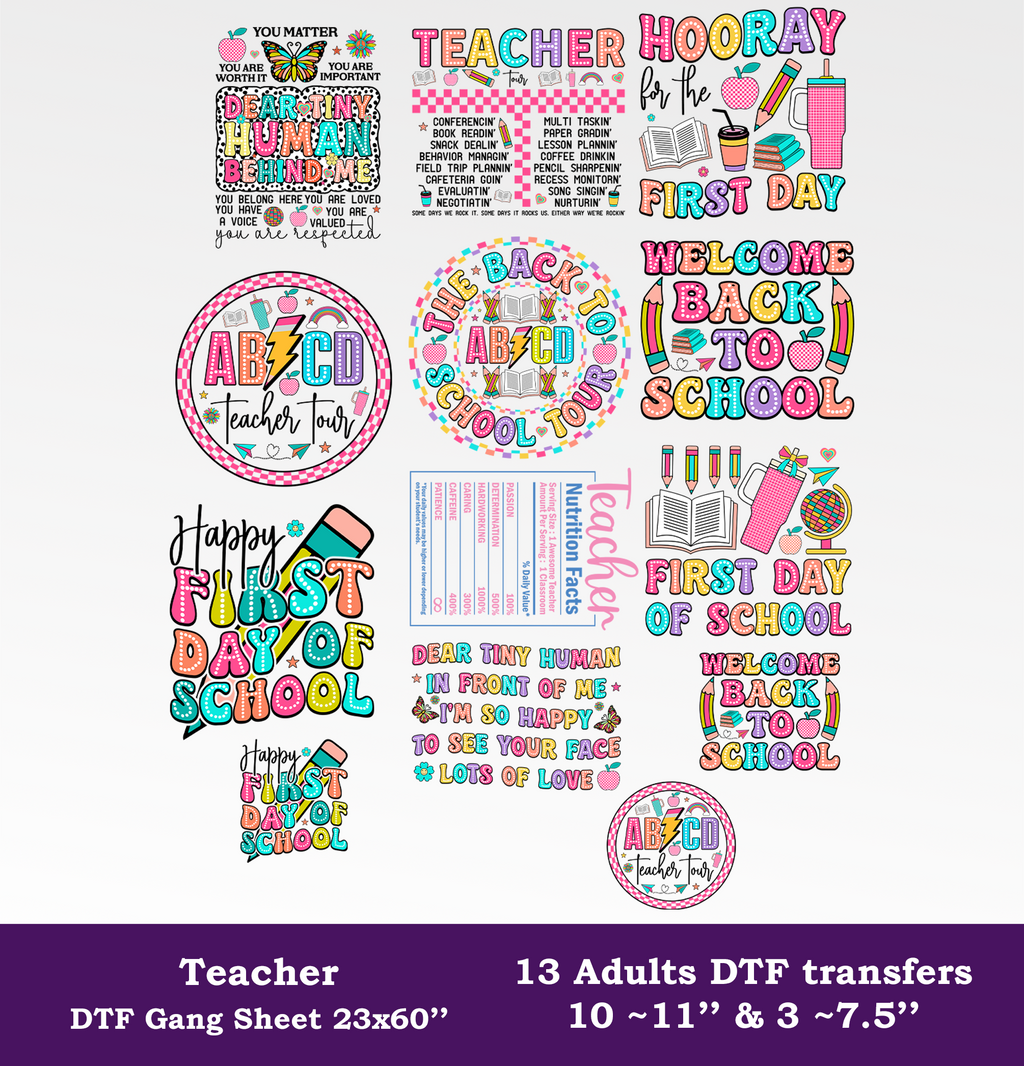 Teacher DTF Gang Sheet, 23x60 in. Ready to Press Heat transfers