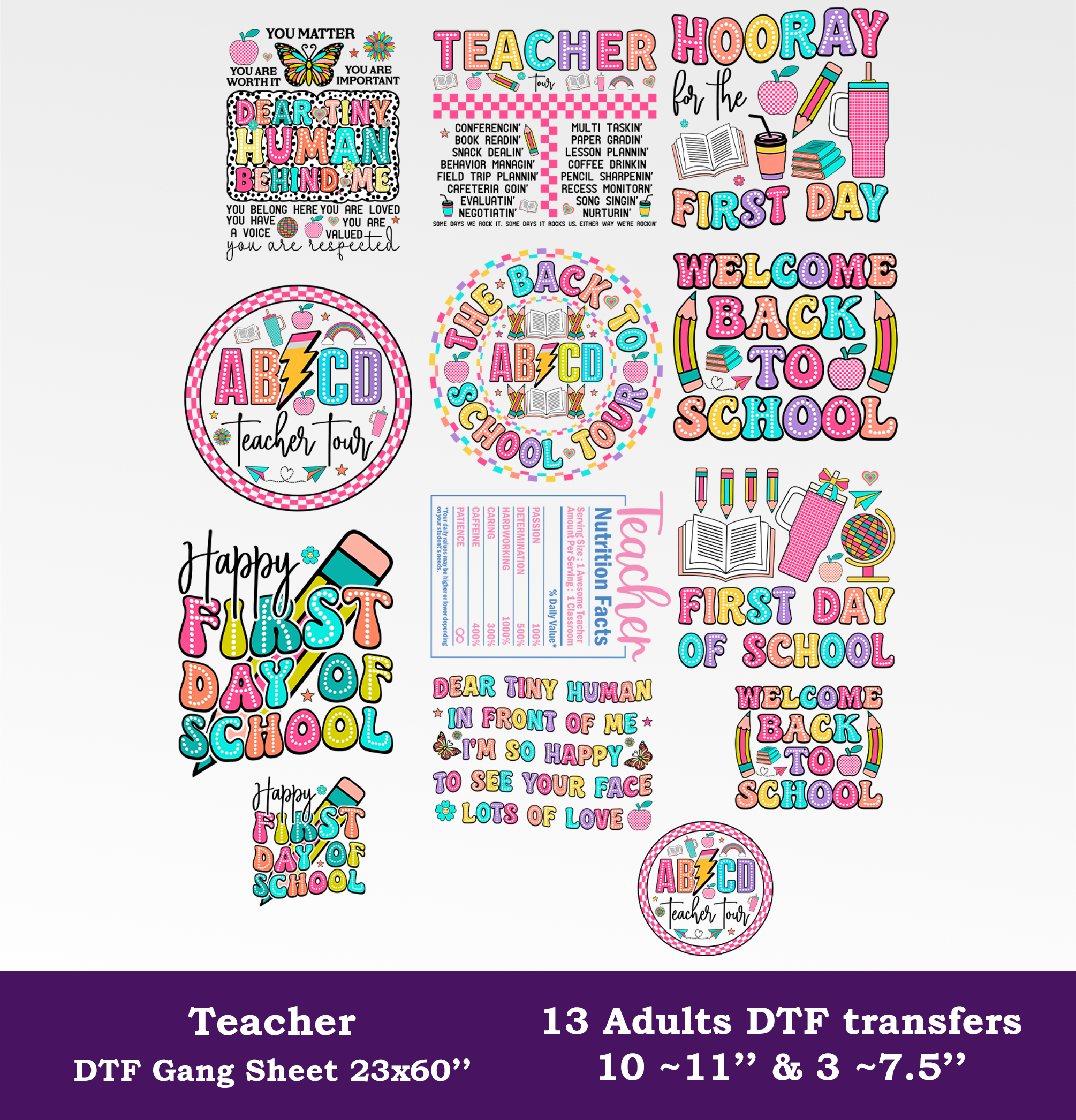 Teacher DTF Gang Sheet, 23x60 in. Ready to Press Heat transfers