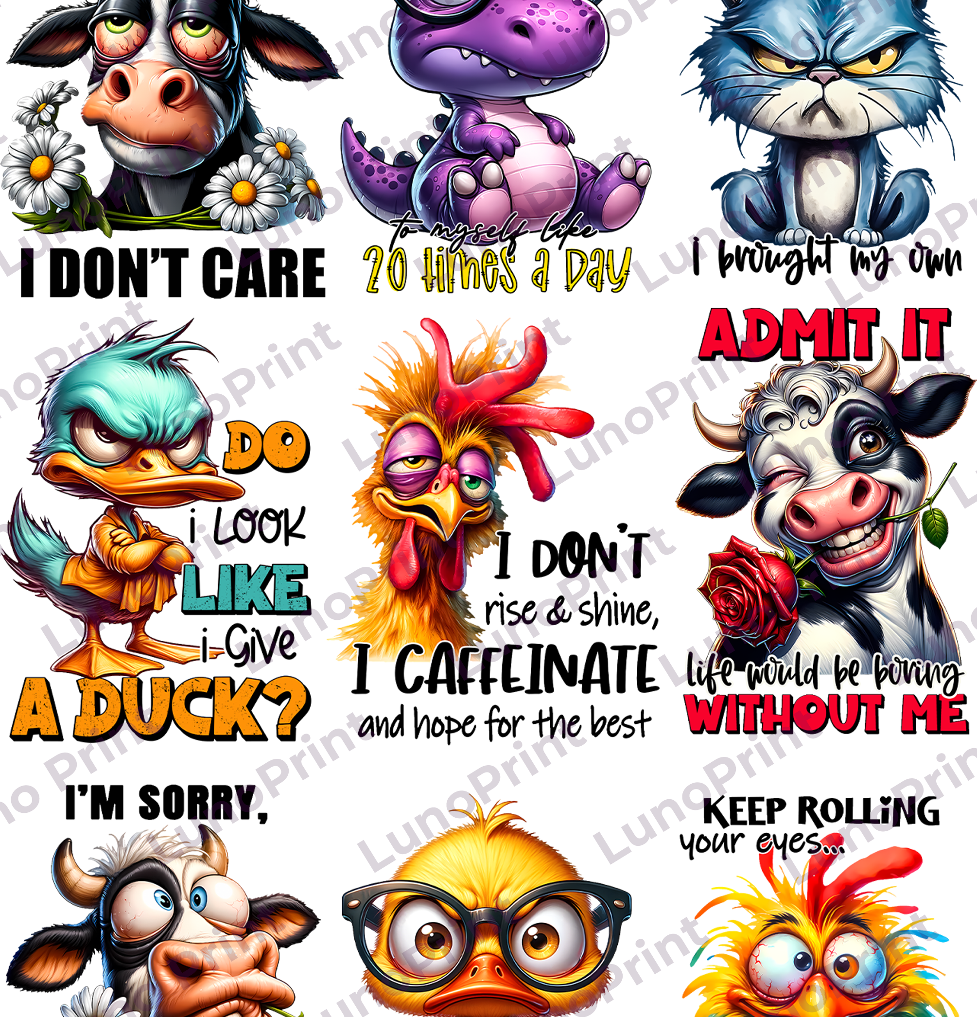 Sarcastic Animals DTF Gang Sheet, 23x32 in. Funny Ready to Press Heat transfers