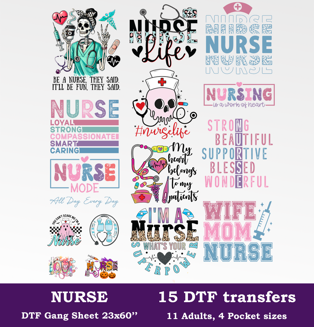 Nurse DTF Gang Sheet, 23x60 in. Ready to Press Heat transfers