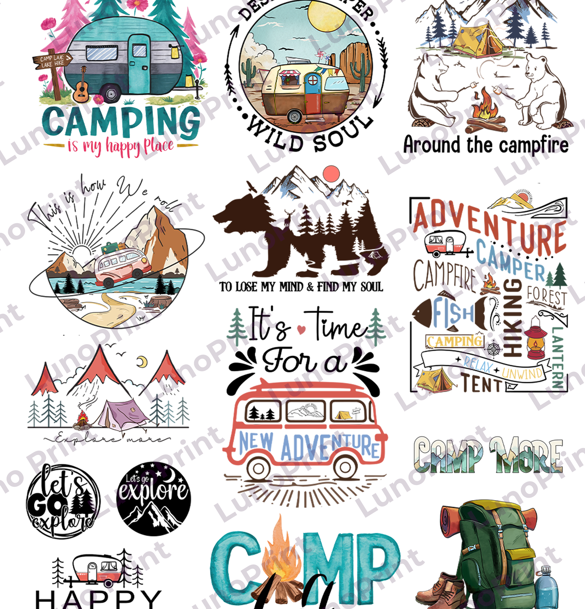 Camping DTF Gang Sheet, 23x60 in. Ready to Press Heat transfers