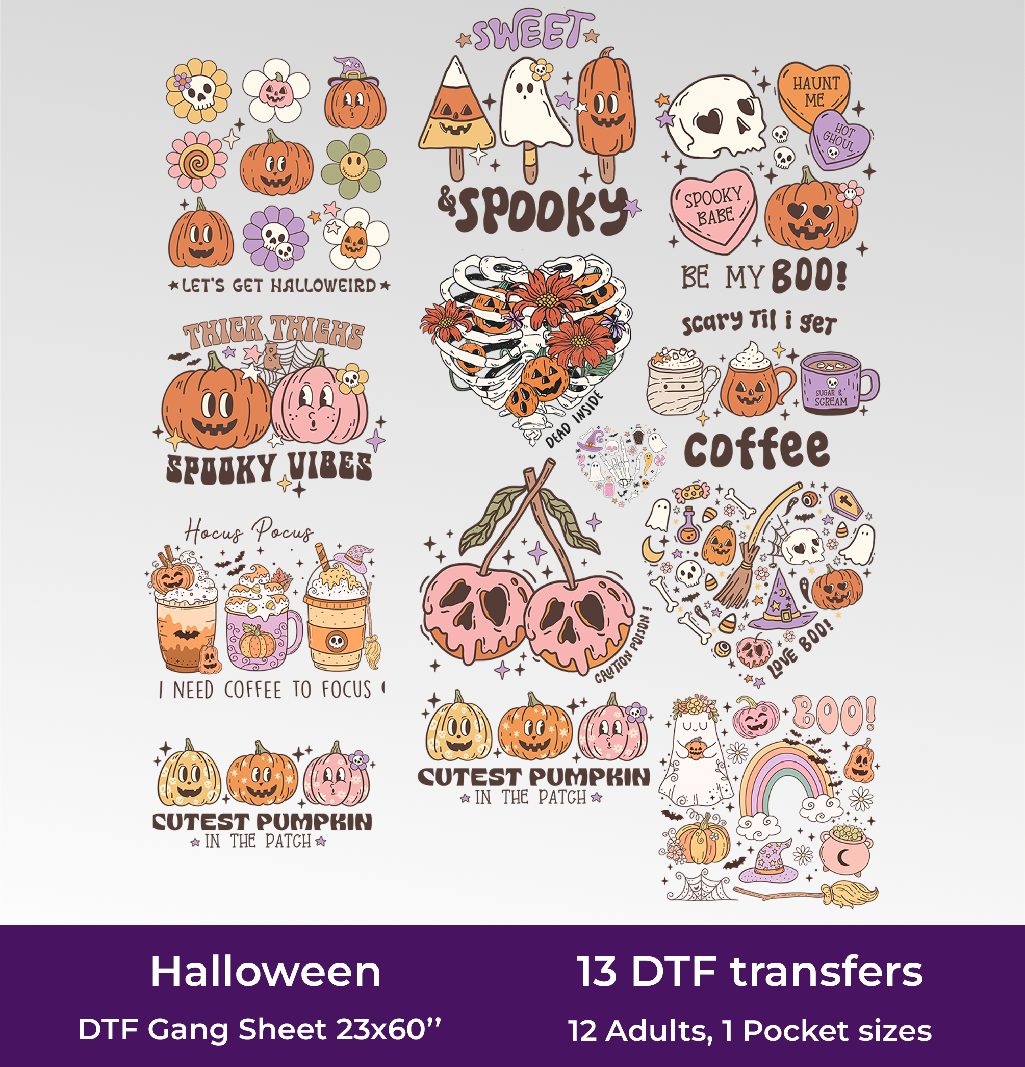 Halloween DTF Gang Sheet, 23x60 in. Ready to Press Spooky Heat transfers
